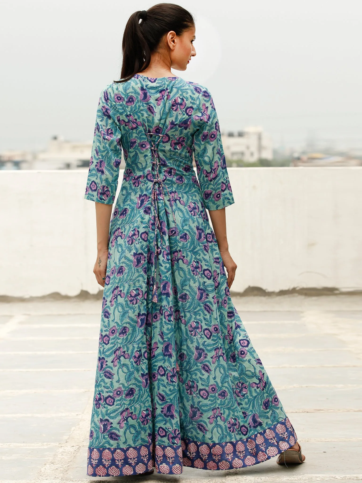 Green Purple Indigo Hand Block Printed Long Cotton Dress With Back Knots - D162F1897