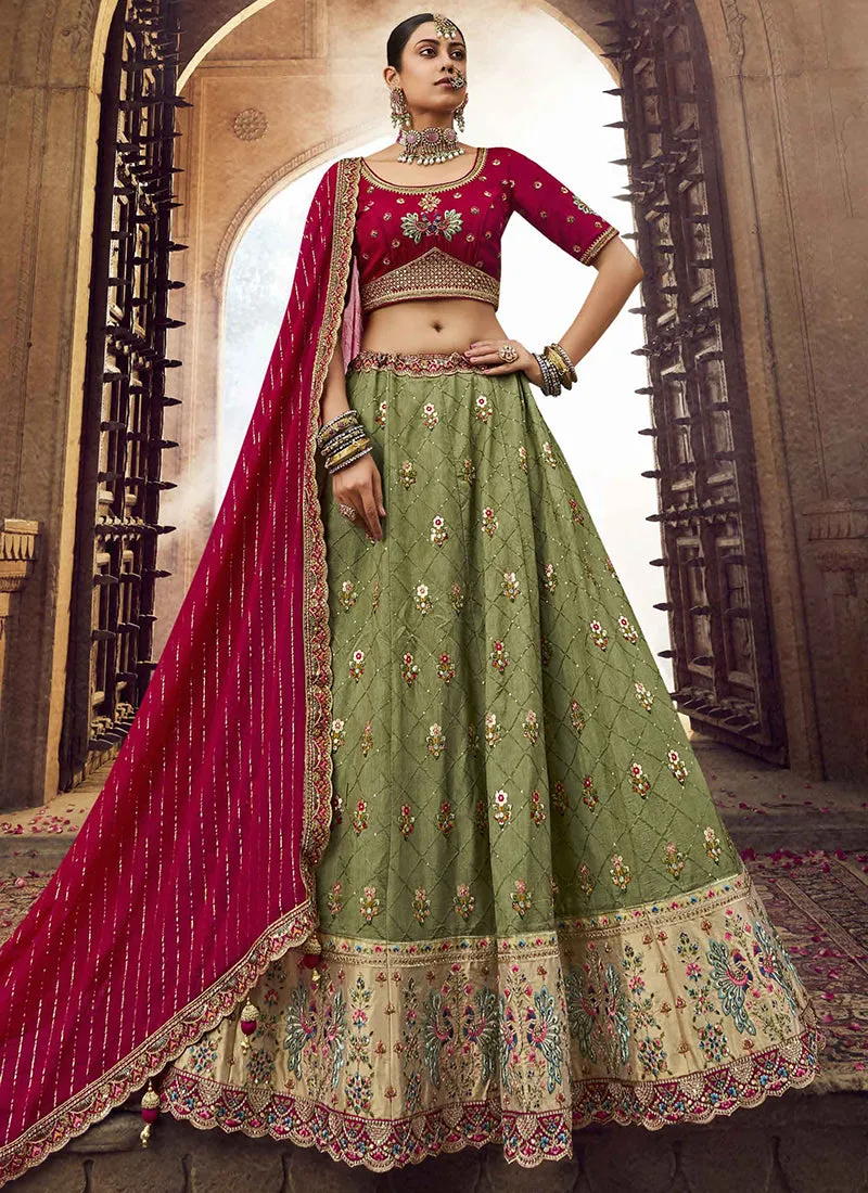 Green Red Embroidery Viscose Lehenga Choli