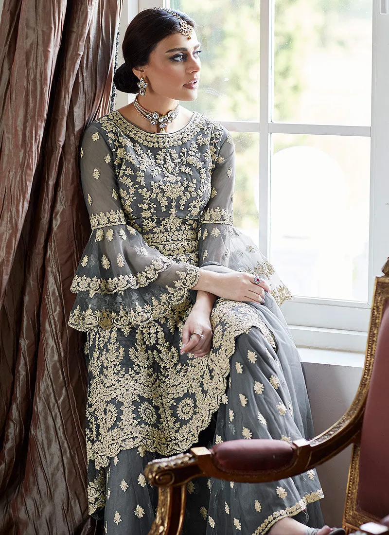 Grey Beige Multi Embroidered Designer Gharara Suit