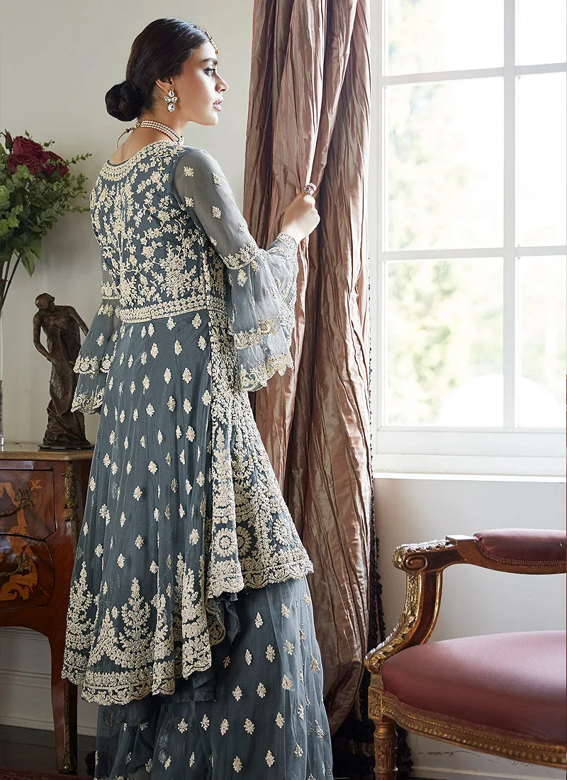 Grey Beige Multi Embroidered Designer Gharara Suit