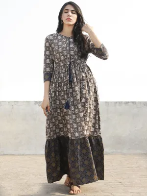 Grey Black Ivory Indigo Red Blue Hand Block Printed Long Cotton Dress  -  D170F770