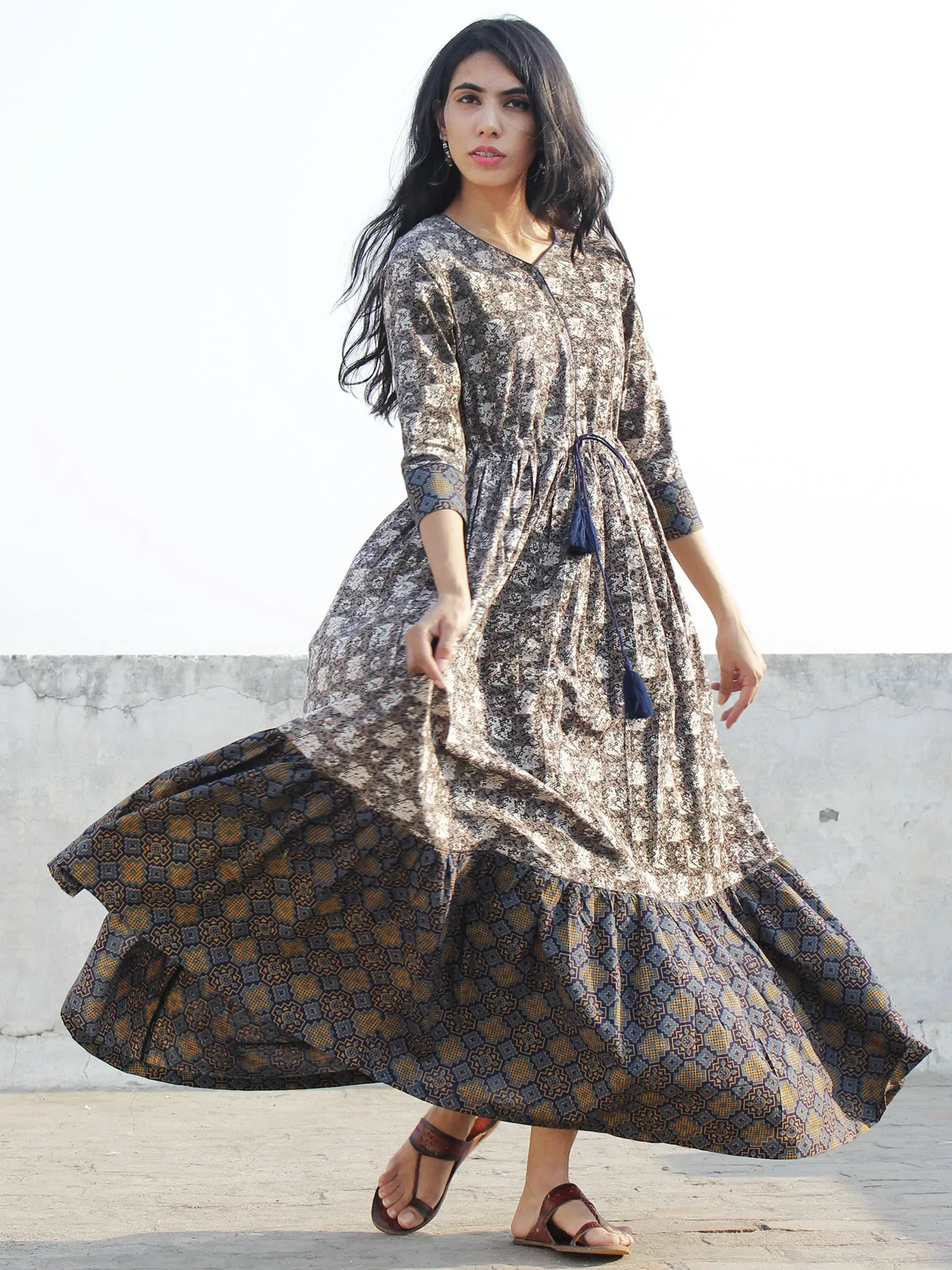 Grey Black Ivory Indigo Red Blue Hand Block Printed Long Cotton Dress  -  D170F770