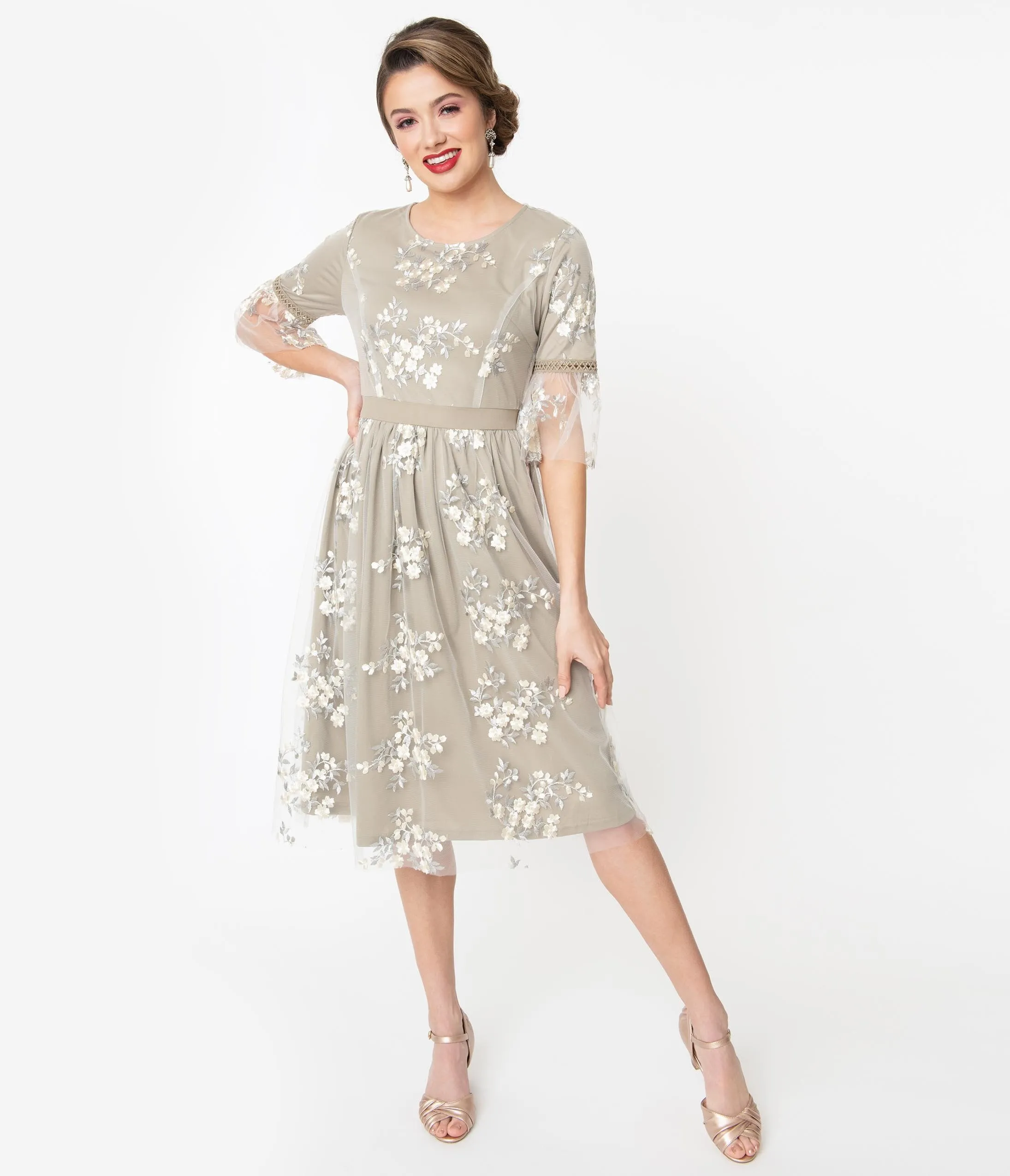 Grey Floral Embroidered Flute Sleeve Dress