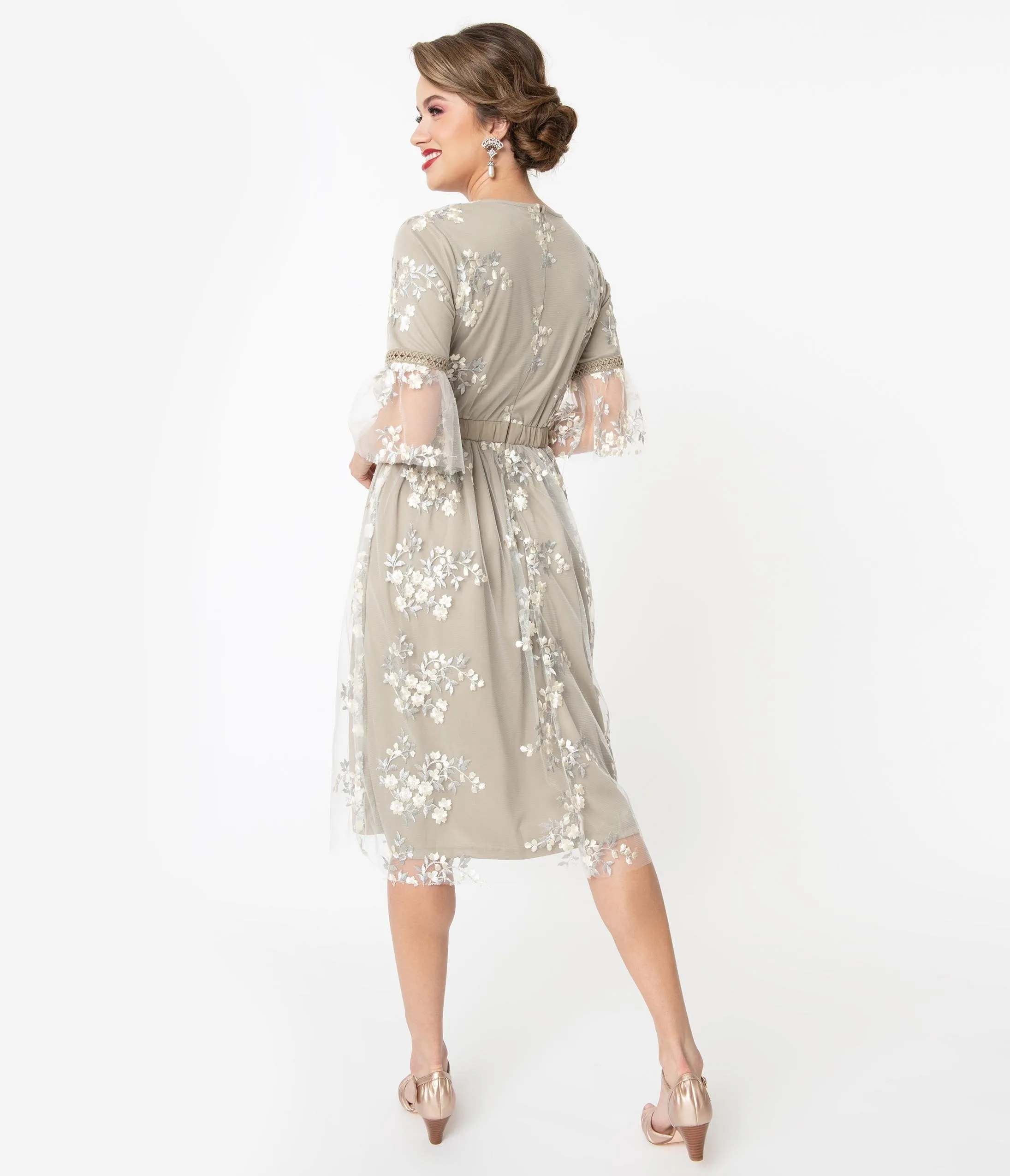 Grey Floral Embroidered Flute Sleeve Dress