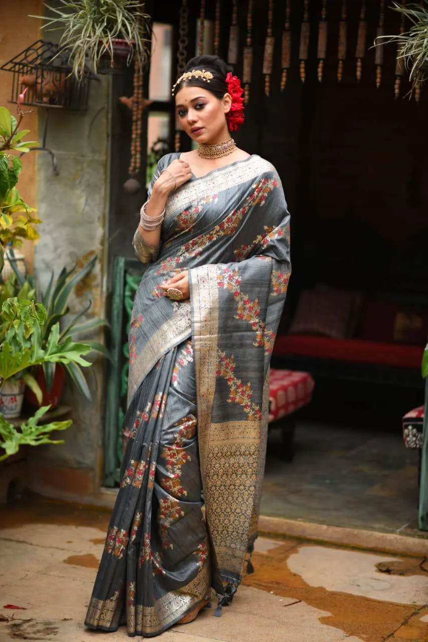 Grey Floral Tusser Silk Zari Border Saree