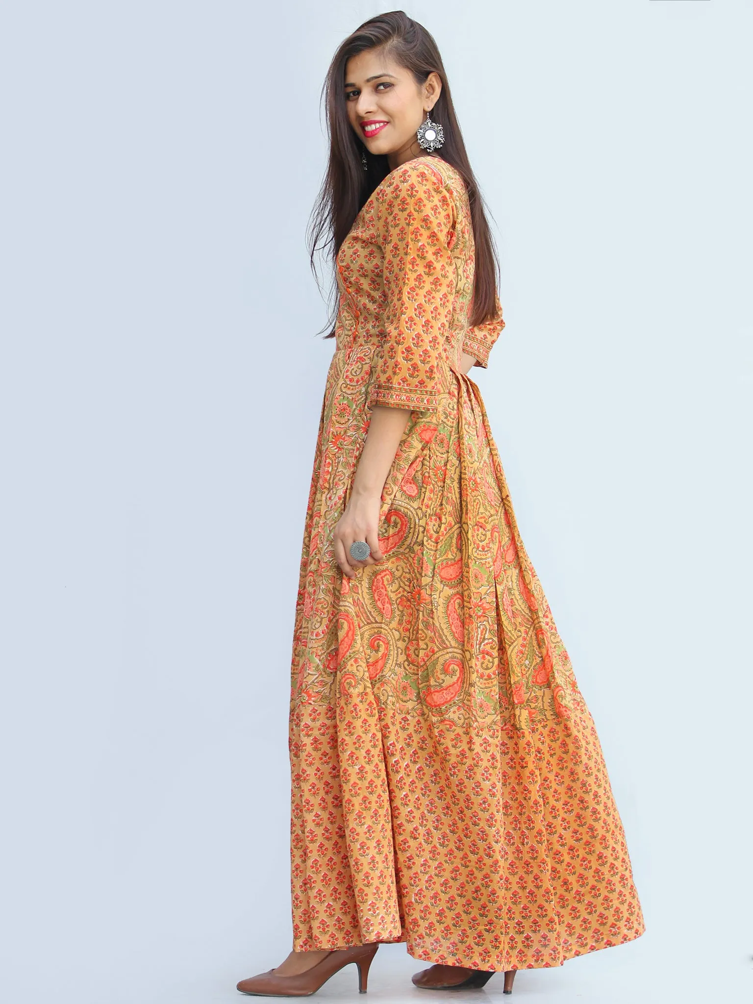 Gulzar Sahat - Hand Block Printed Pleated Long Angrakha Dress - D427F2272