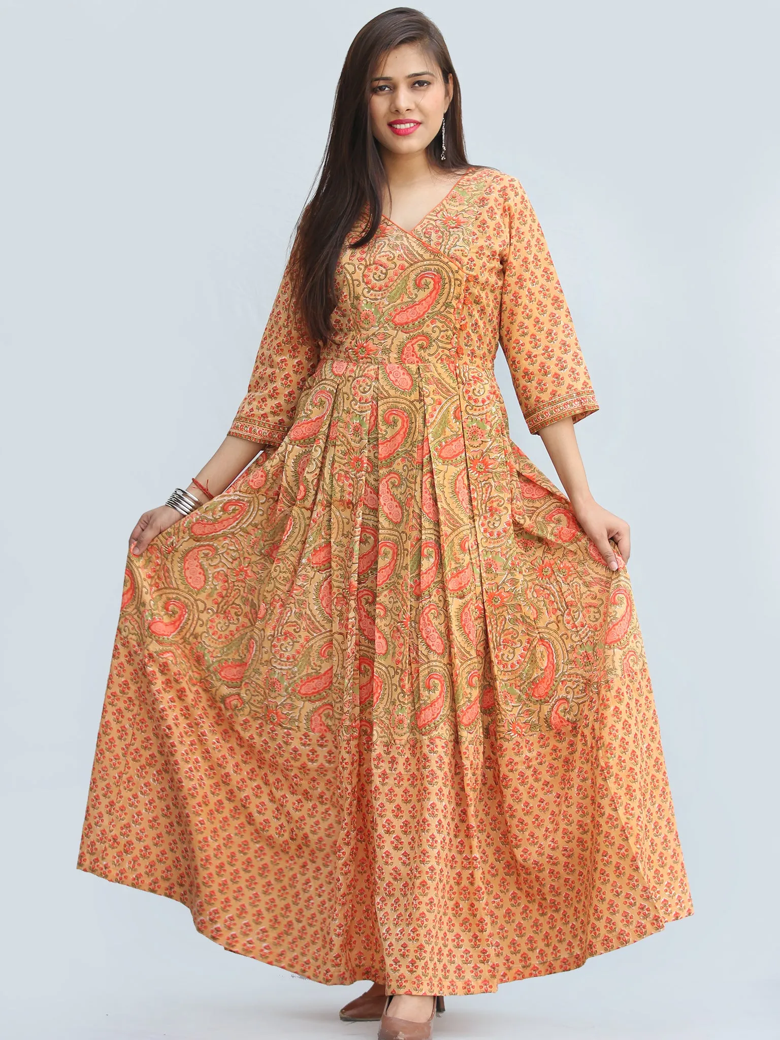 Gulzar Sahat - Hand Block Printed Pleated Long Angrakha Dress - D427F2272