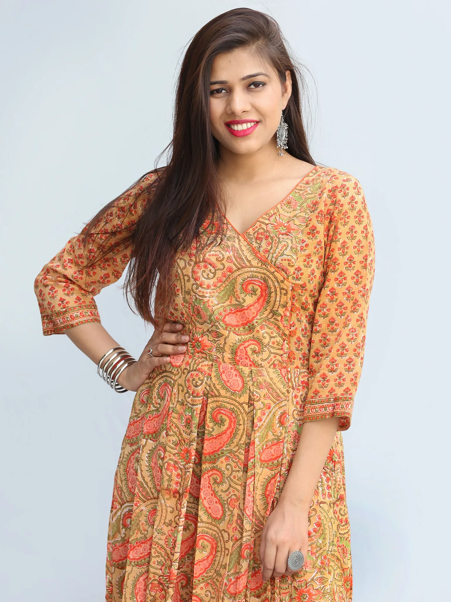 Gulzar Sahat - Hand Block Printed Pleated Long Angrakha Dress - D427F2272