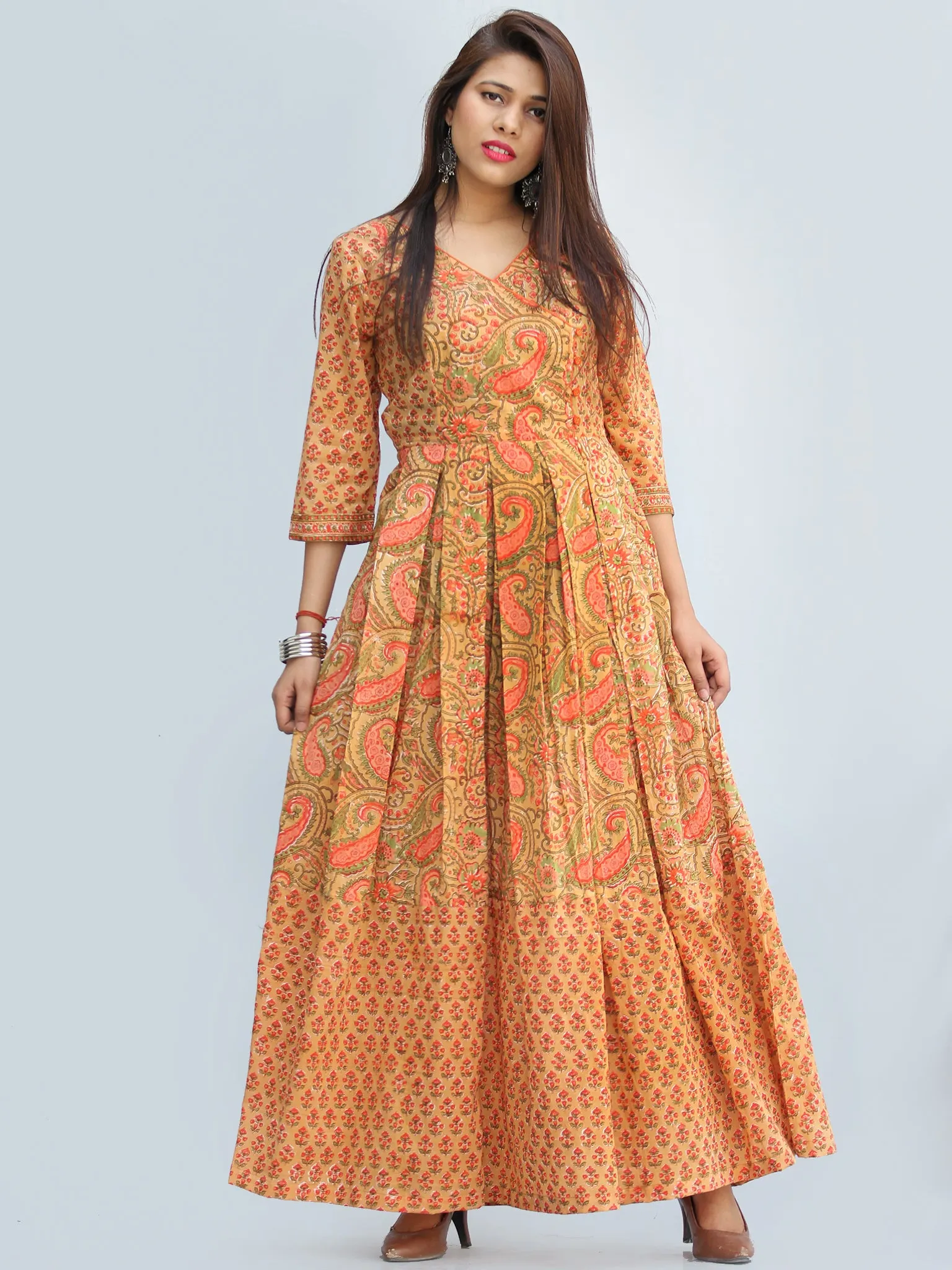 Gulzar Sahat - Hand Block Printed Pleated Long Angrakha Dress - D427F2272