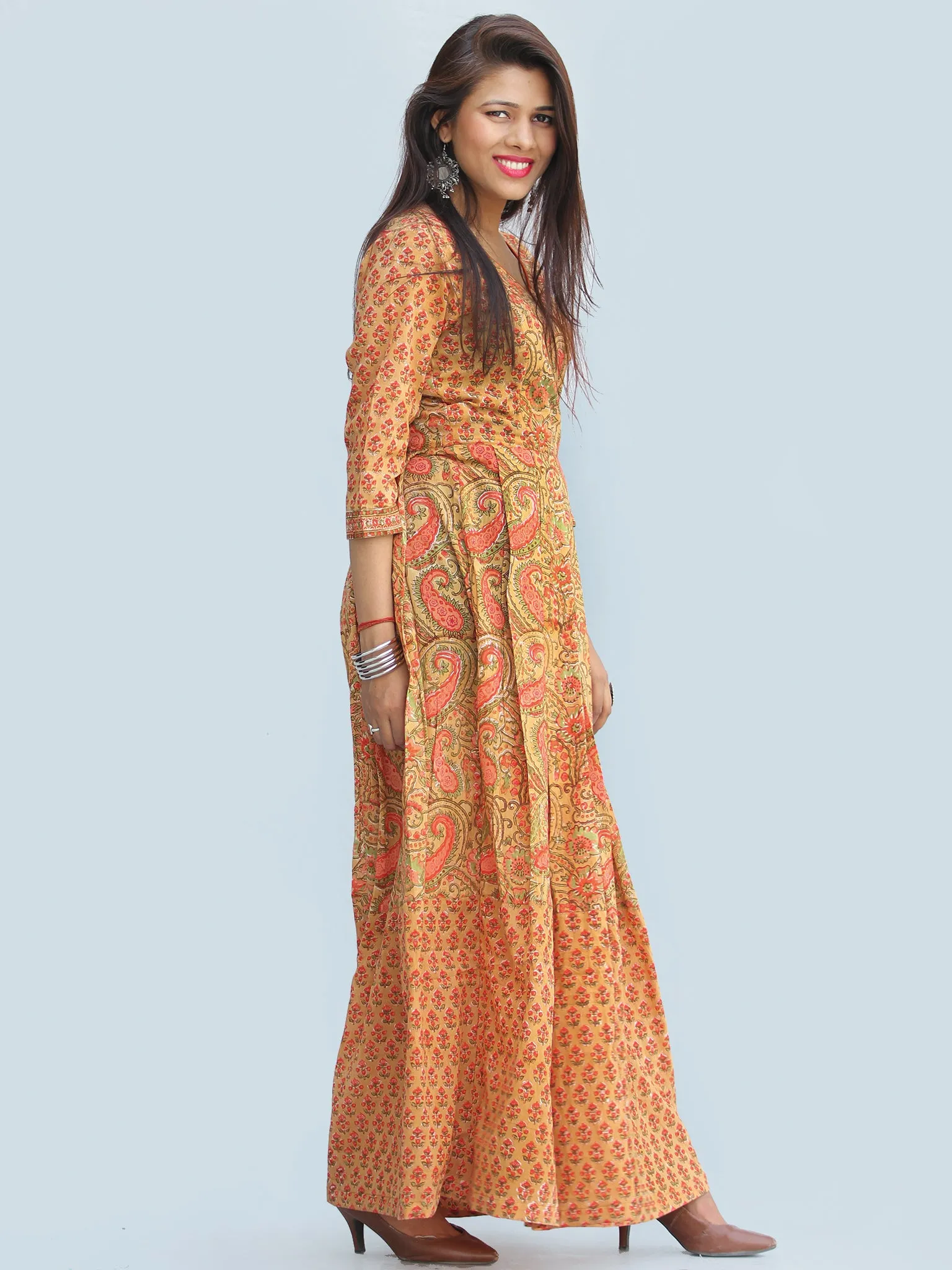 Gulzar Sahat - Hand Block Printed Pleated Long Angrakha Dress - D427F2272