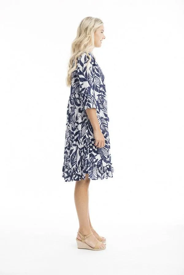 Hayman Navy Frill Sleeve Pinch Pleat Dress