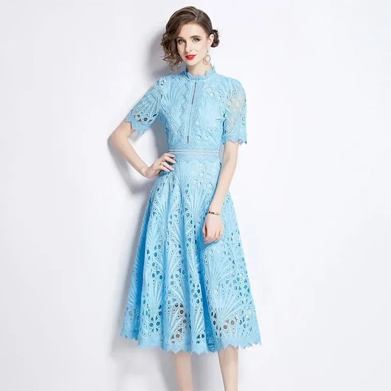 High-end Vibe of Summer Short Sleeve Lace Hollow Out Dress