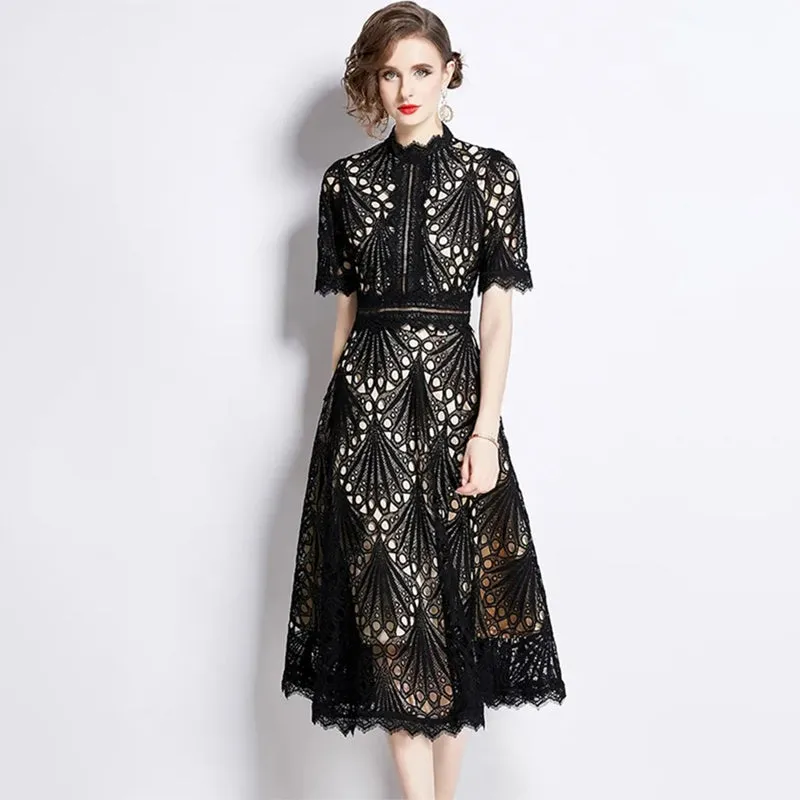 High-end Vibe of Summer Short Sleeve Lace Hollow Out Dress