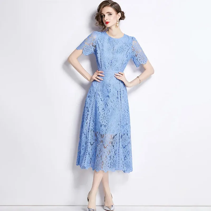 High-end Vibe of Summer Short Sleeve Lace Hollow Out Dress