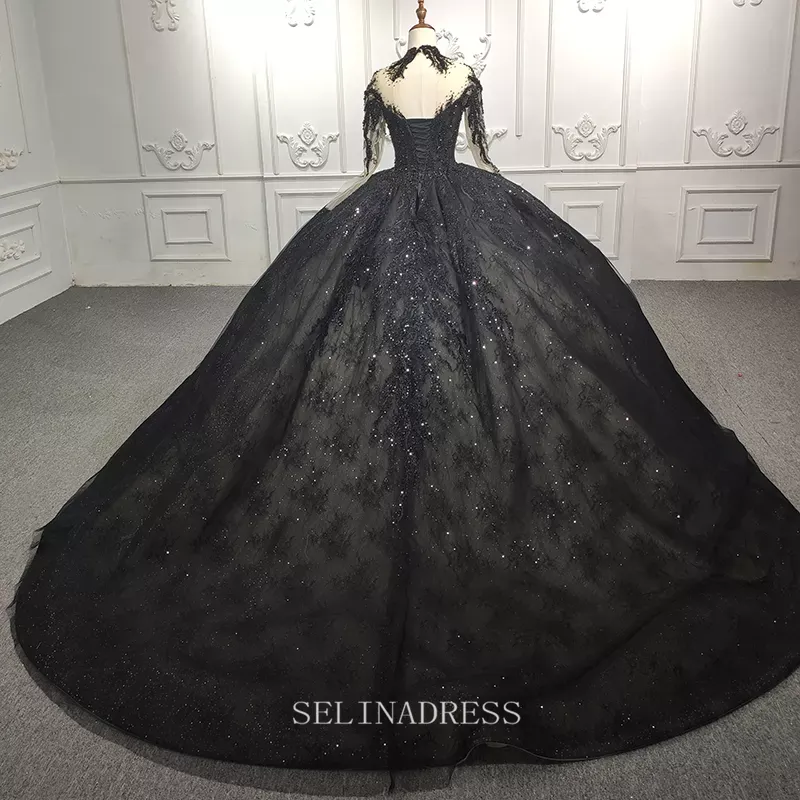 High Neck Long Sleeve Black Beaded Princess Ball Gown Elegant Evening Dress Formal Dress DY9979 Selinadress