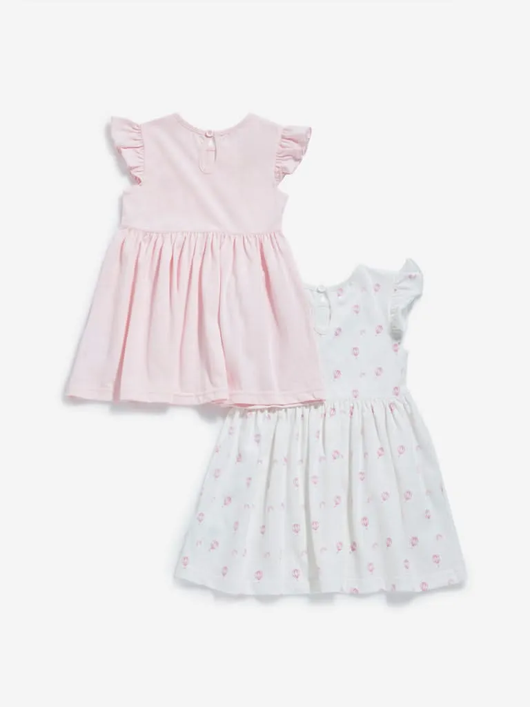 HOP Baby Off-White & Light Pink Pleated Dress - Pack of 2