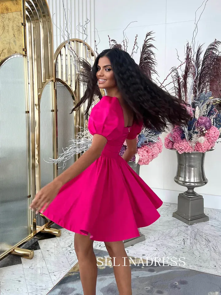 Hot Pink Short Prom Dress Puff Sleeve Homecoming Dress EWR426