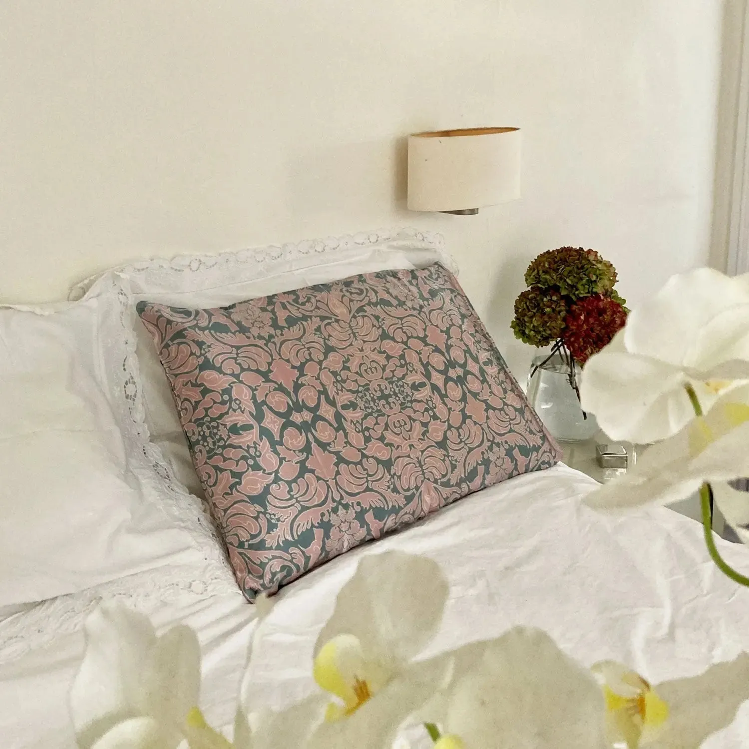 Hummingbird Damask in Pink and Sage Green Silk Pillowcase