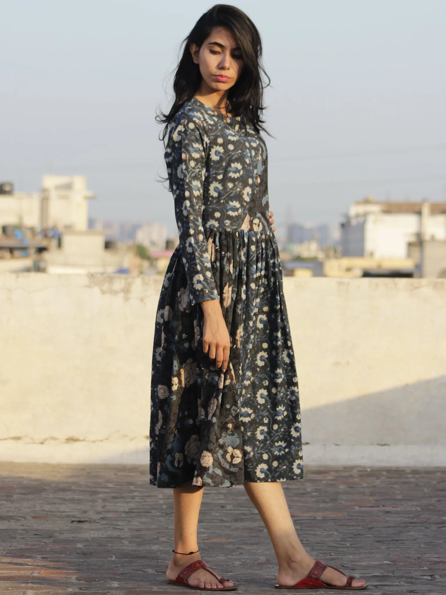 Indigo Black Ivory  Brown Light Blue Hand Block Printed Cotton Midi Dress - D100F885