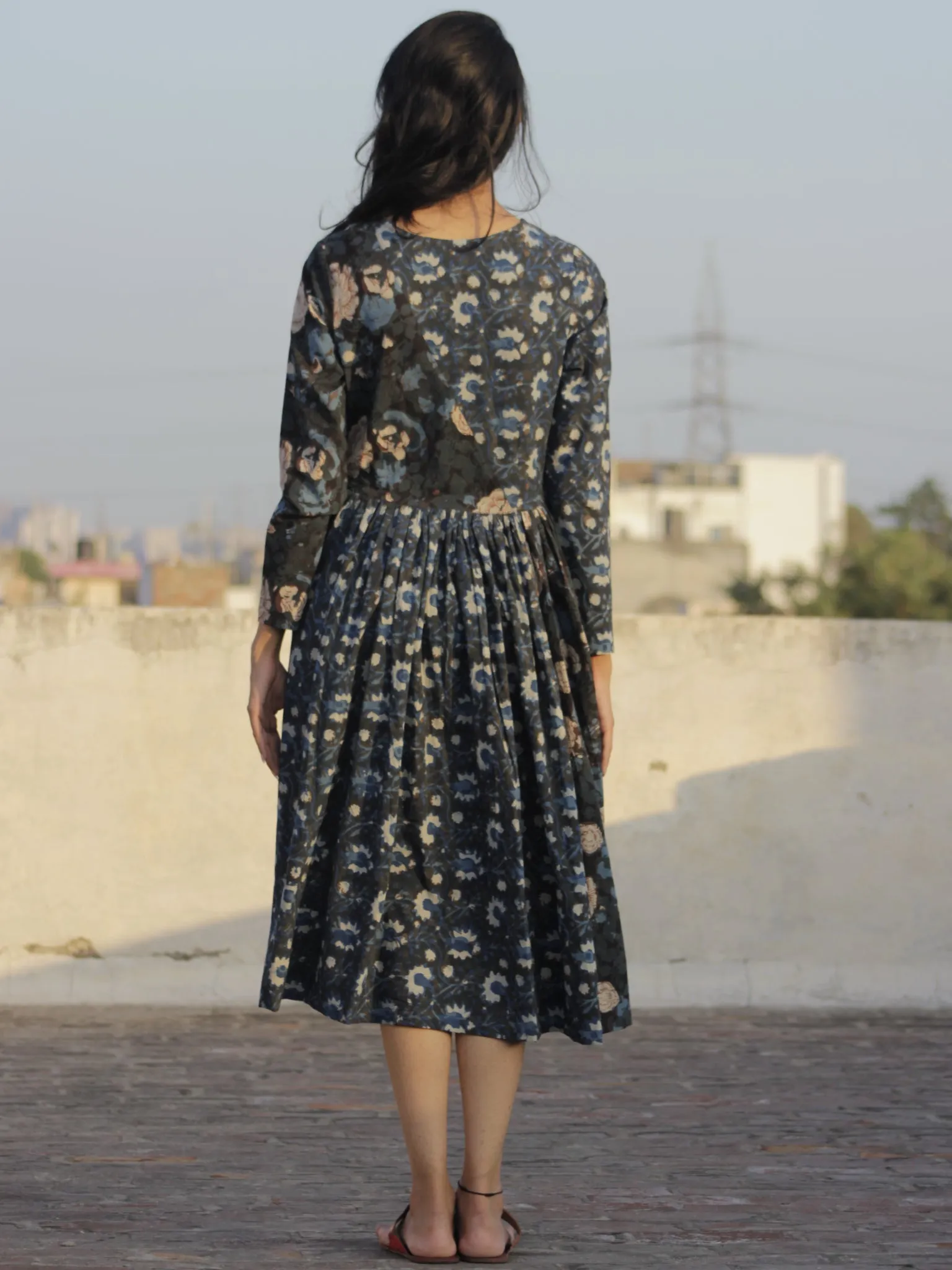 Indigo Black Ivory  Brown Light Blue Hand Block Printed Cotton Midi Dress - D100F885