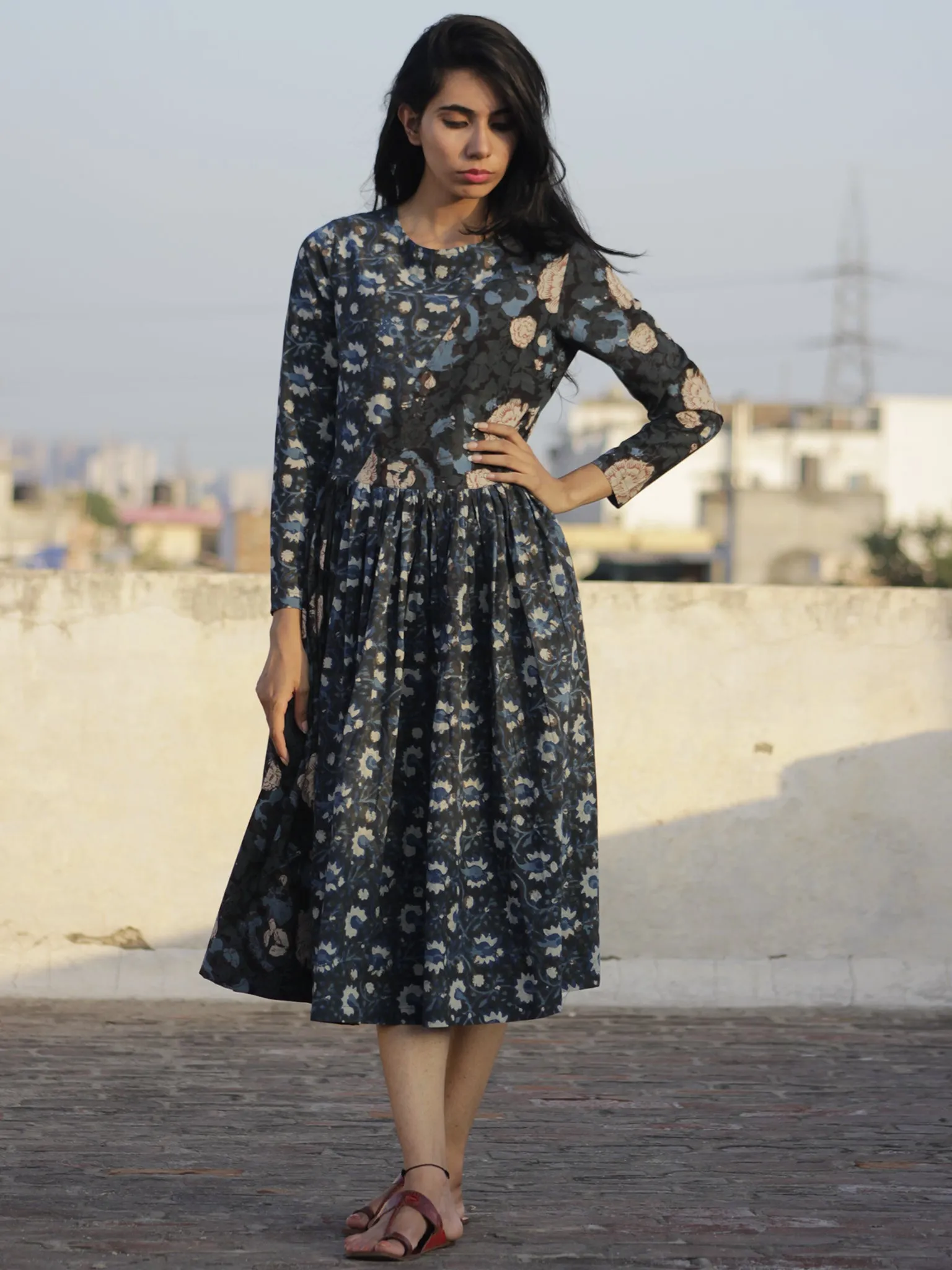 Indigo Black Ivory  Brown Light Blue Hand Block Printed Cotton Midi Dress - D100F885