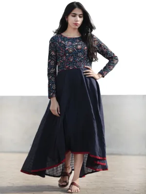 Indigo Black Maroon Ivory Hand Blocked Cotton Asymmetrical Dress - D216F440