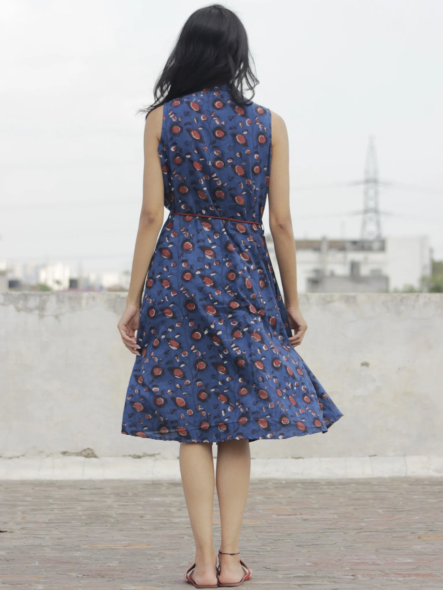 Indigo Brown Ivory Hand Block Printed Cotton Sleeveless Dress With Front Slit And Tie Up Waist - D89F883