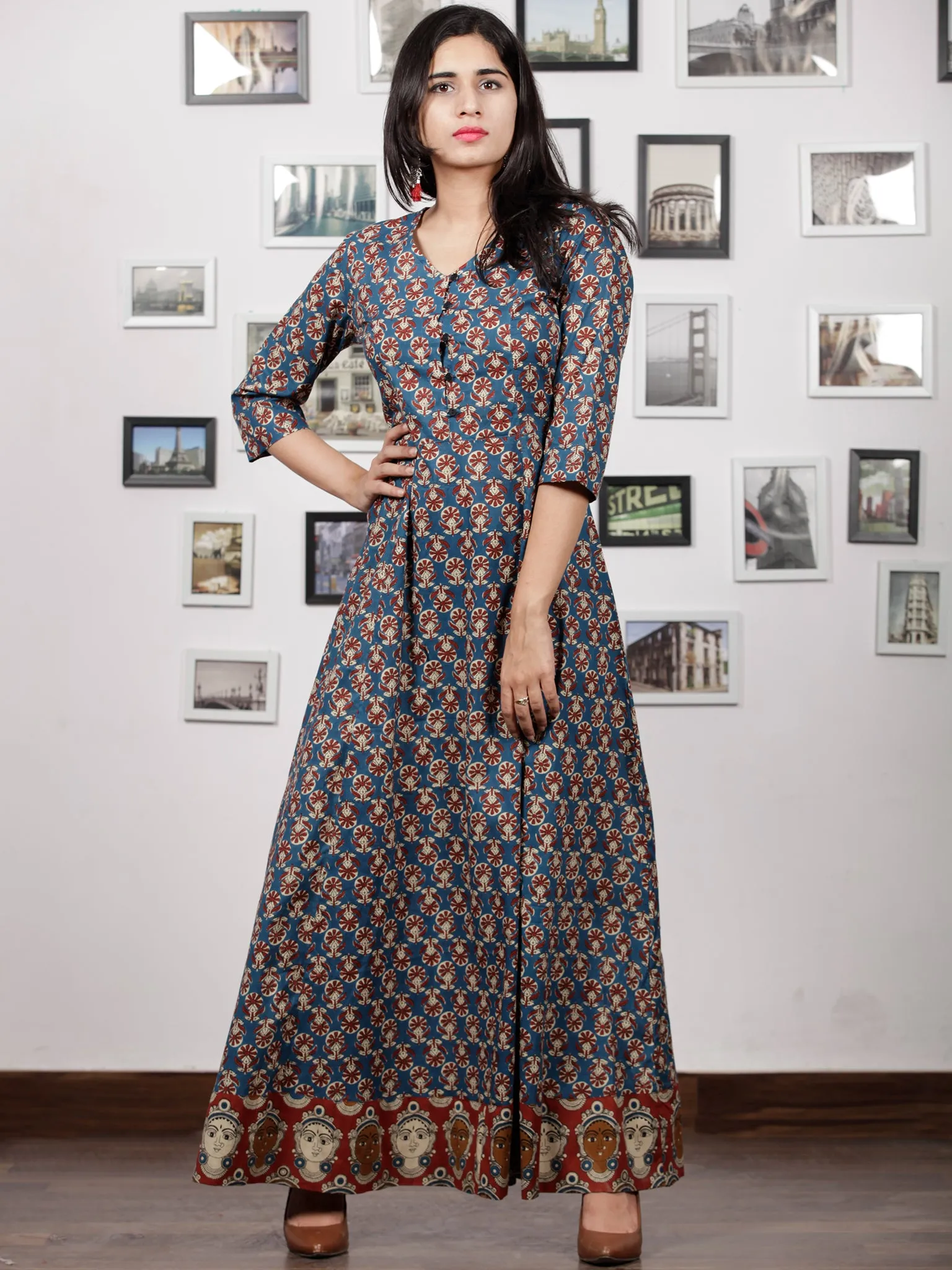 Indigo Brown Red Beige Hand Block Printed Long Cotton Dress With Back Knots & Kalamkari Border - D162F1485