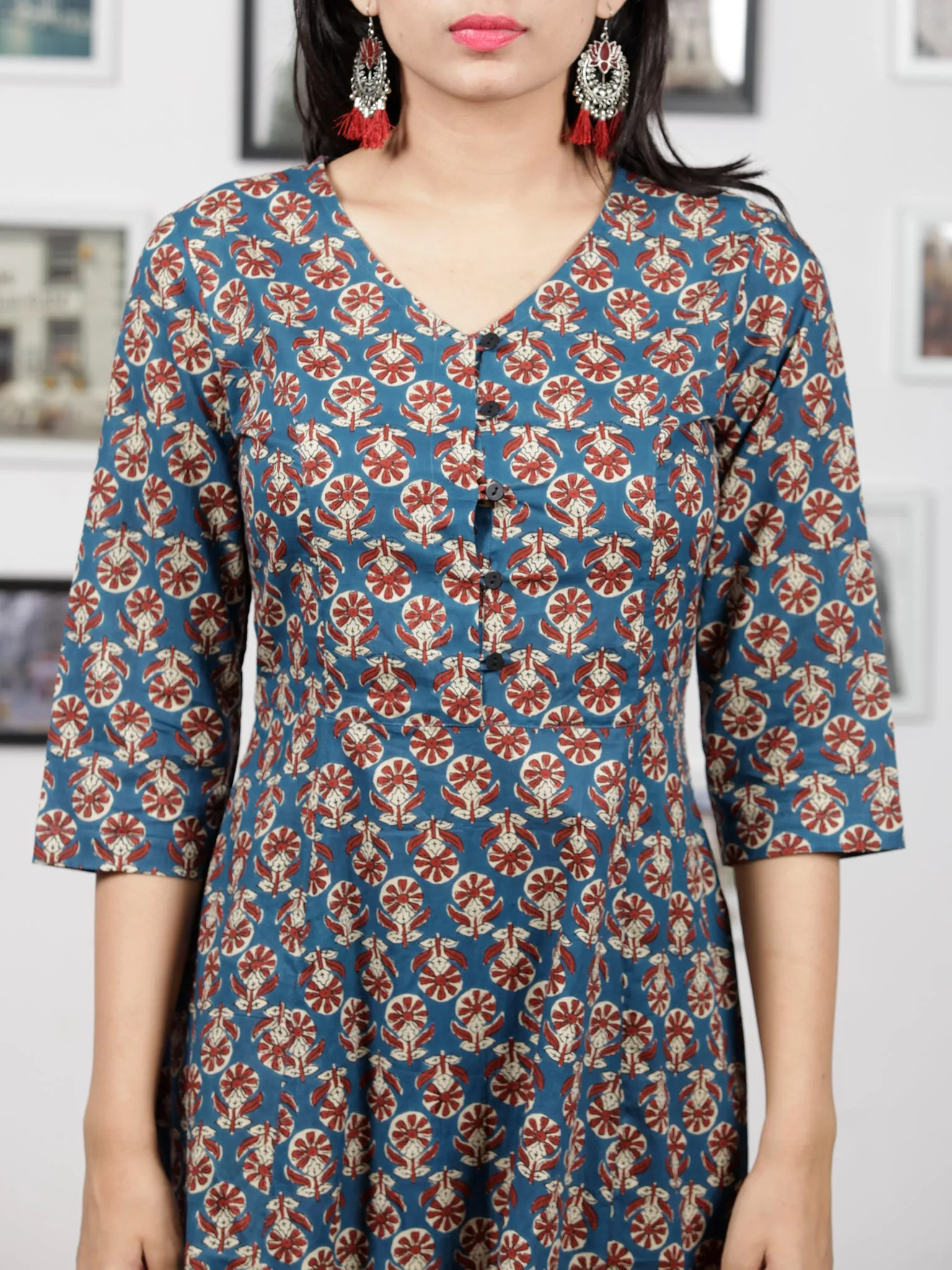 Indigo Brown Red Beige Hand Block Printed Long Cotton Dress With Back Knots & Kalamkari Border - D162F1485