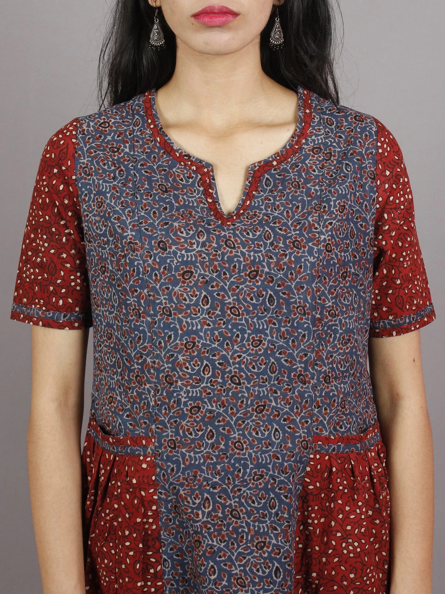 Indigo Maroon Beige Ajrakh Hand Block Printed Cotton Panel Dress With Front Pockets - D2164902