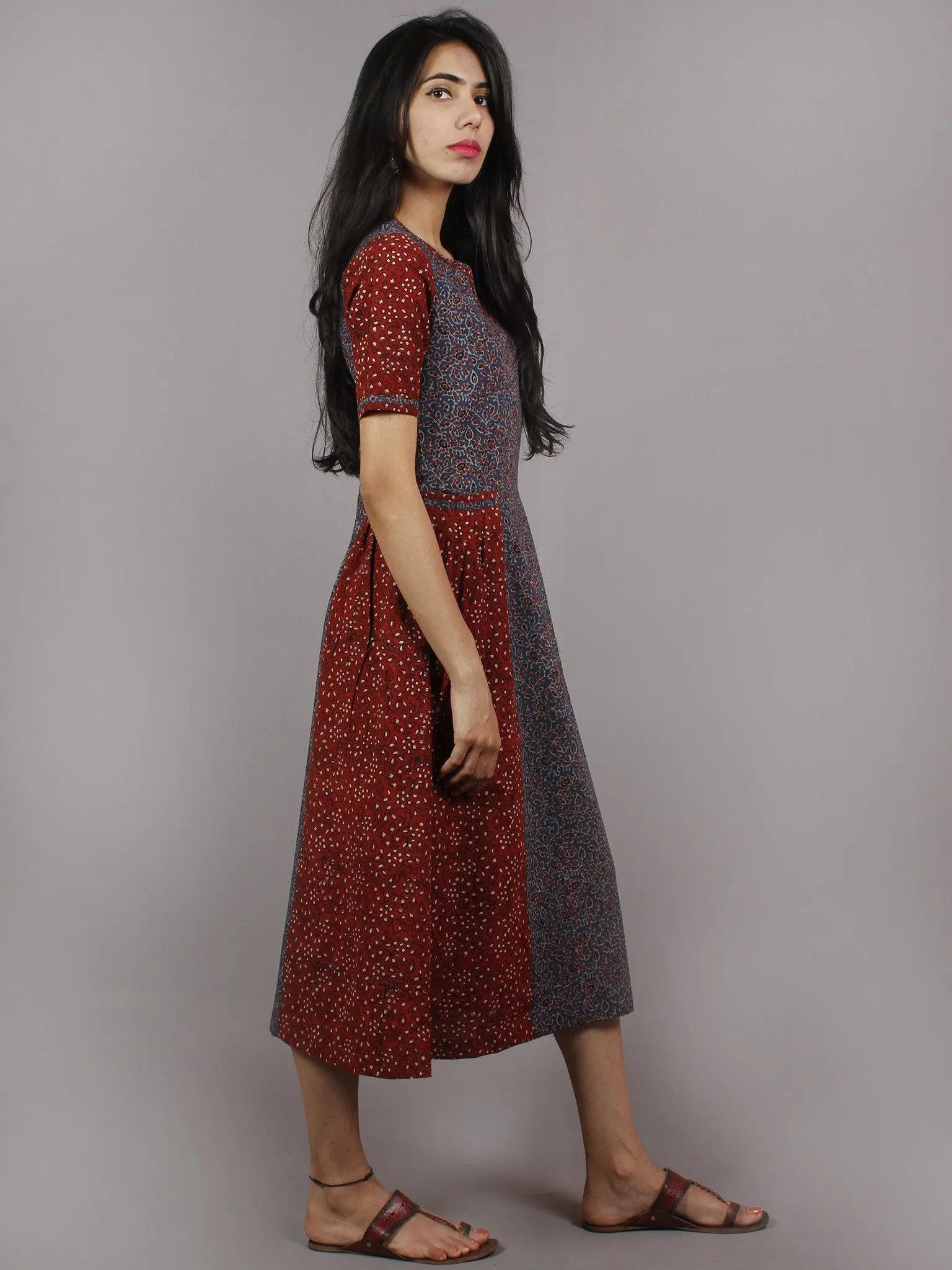 Indigo Maroon Beige Ajrakh Hand Block Printed Cotton Panel Dress With Front Pockets - D2164902