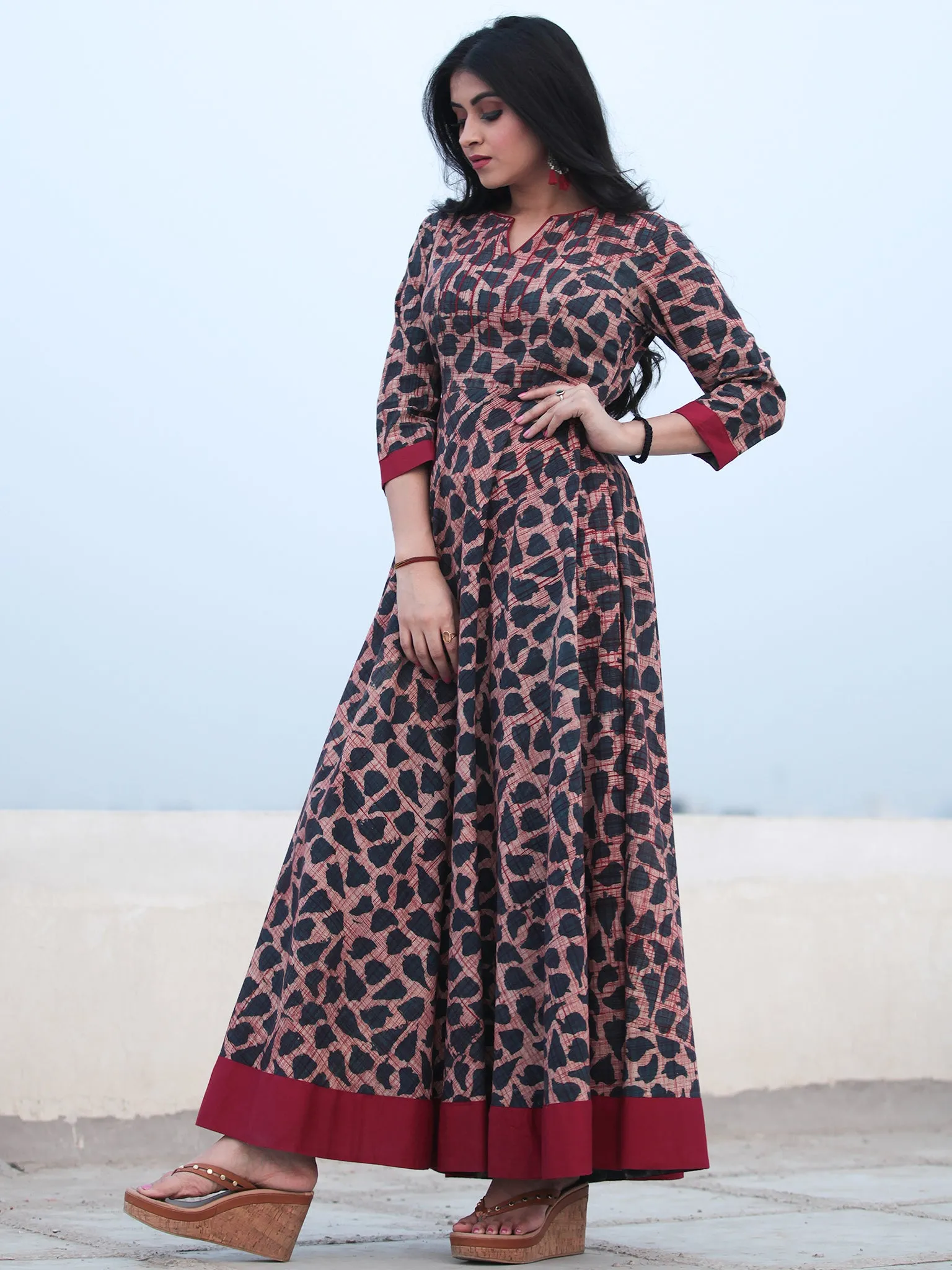 Indigo Maroon Hand Block Printed Embroidered YokeCotton Long Dress D466F1832