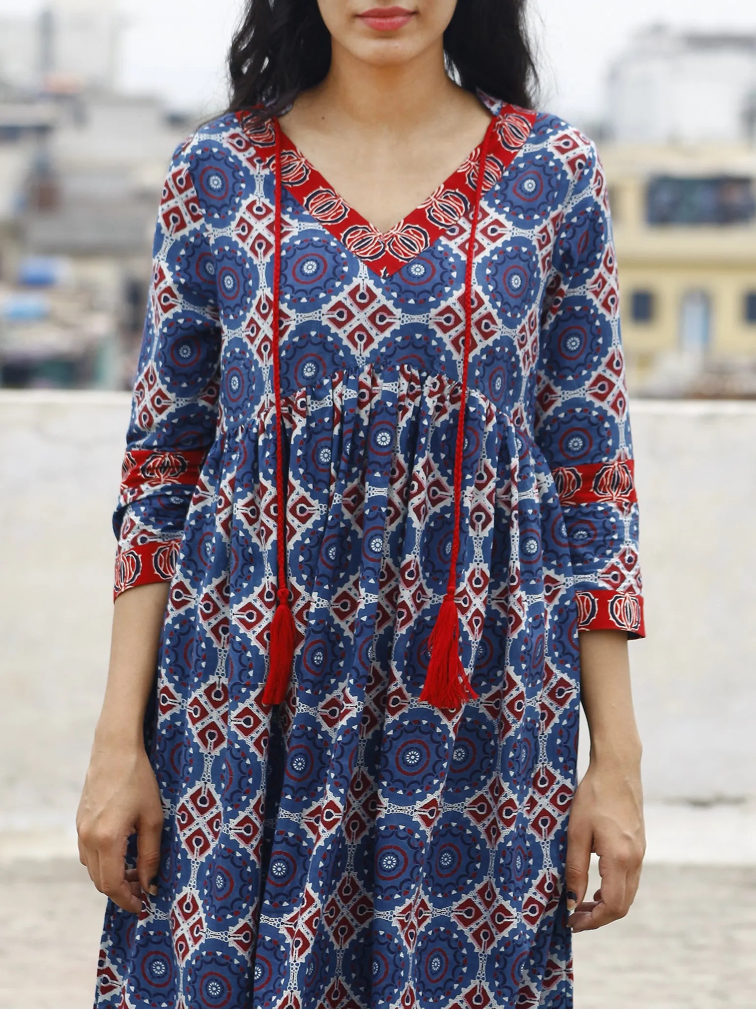 Indigo Maroon White Ajrakh Hand Block Printed Cotton Dress With Gathers And Tassel  - D73F844