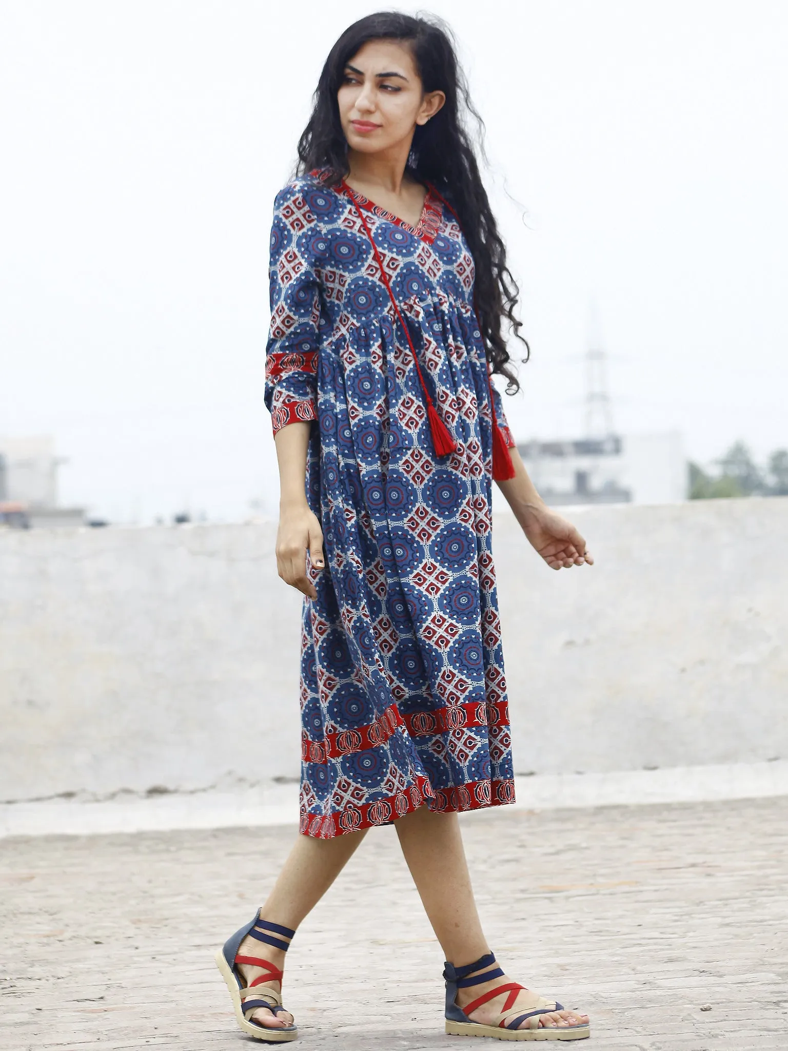 Indigo Maroon White Ajrakh Hand Block Printed Cotton Dress With Gathers And Tassel  - D73F844