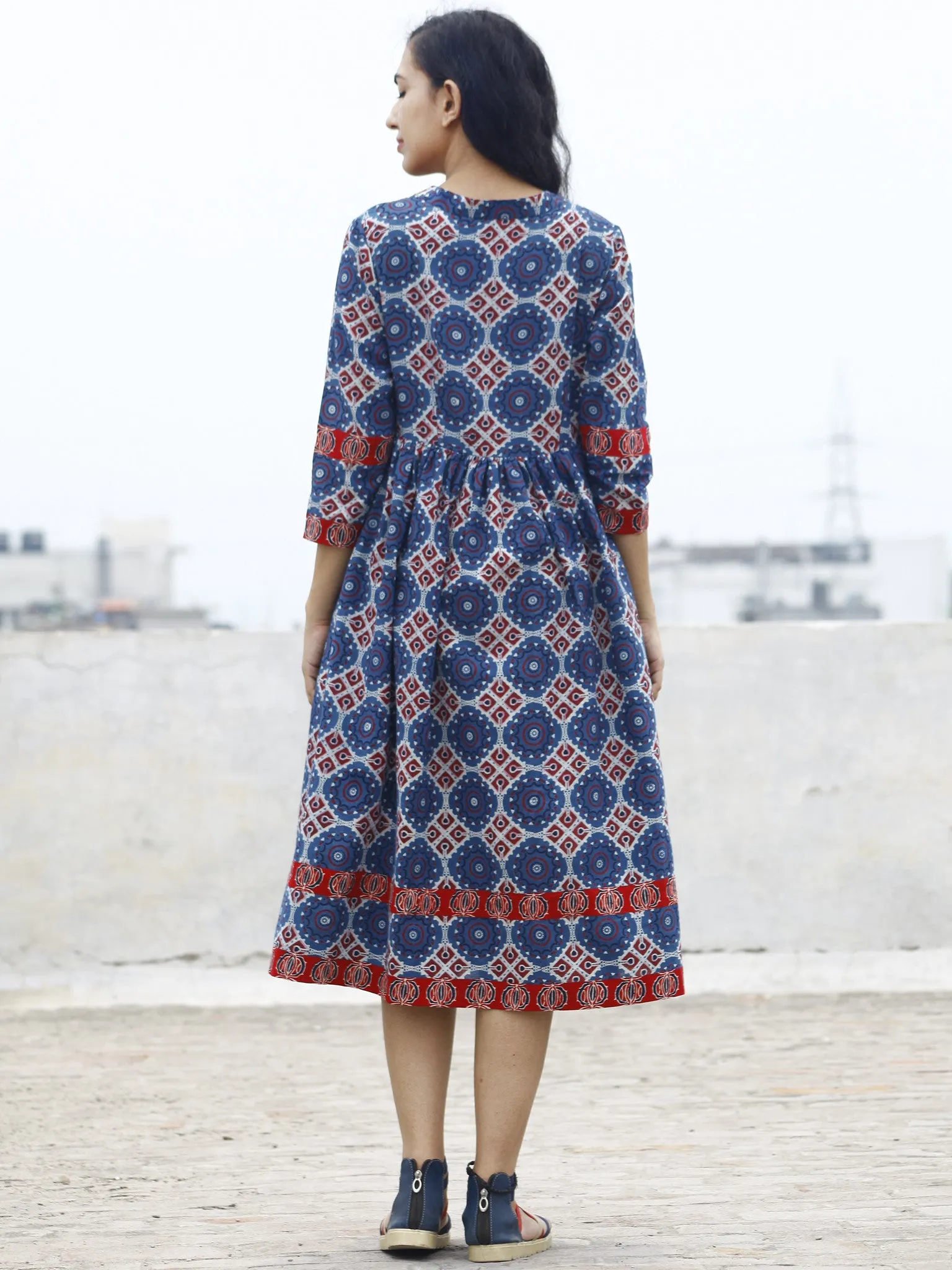 Indigo Maroon White Ajrakh Hand Block Printed Cotton Dress With Gathers And Tassel  - D73F844