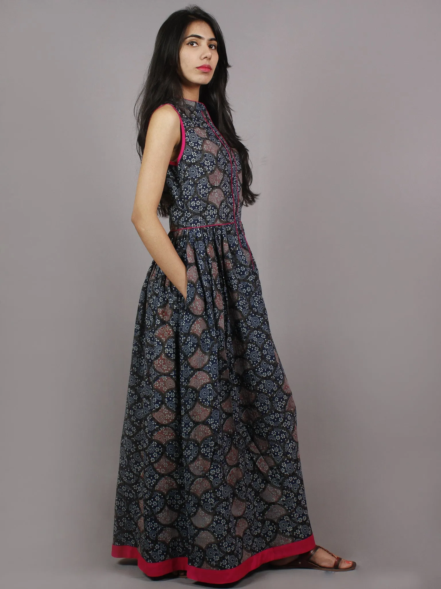 Indigo Pink Beige Ivory Long Sleeveless Ajrakh Hand Block Printed Cotton Dress With Knife Pleats & Side Pockets - D4663001