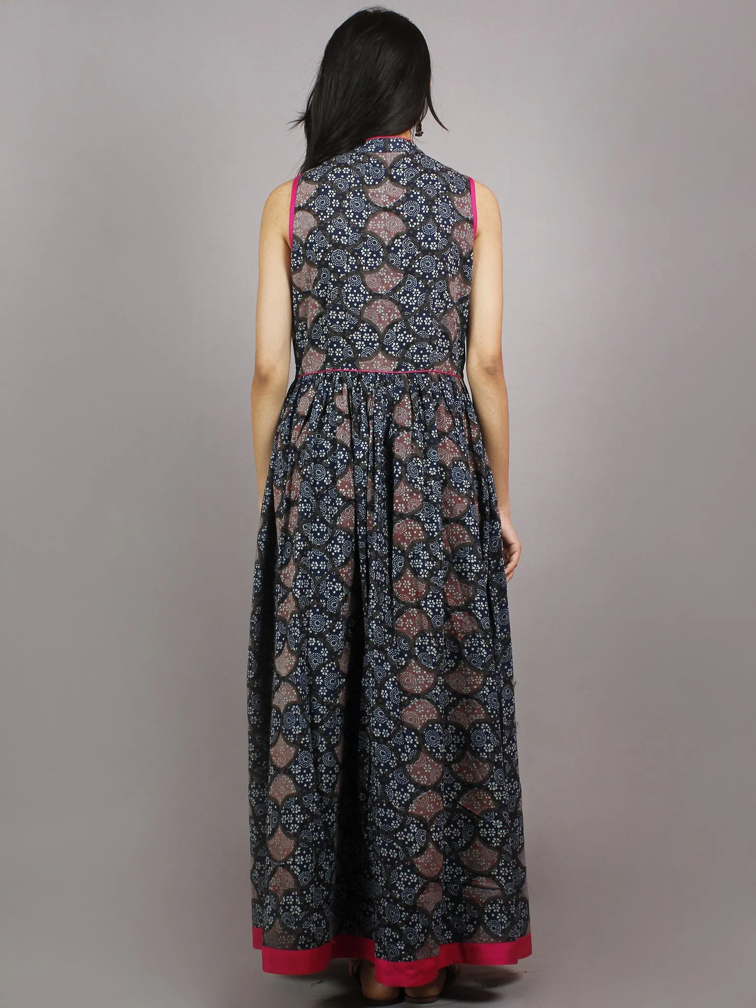 Indigo Pink Beige Ivory Long Sleeveless Ajrakh Hand Block Printed Cotton Dress With Knife Pleats & Side Pockets - D4663001