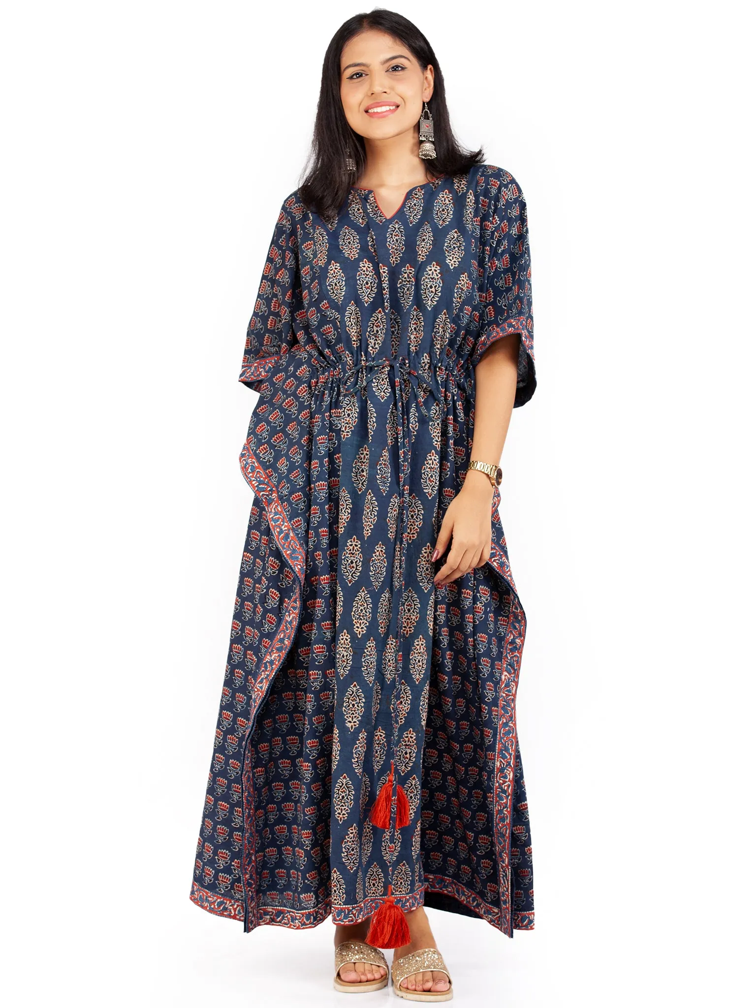 Indigo Red Black Ajrakh Hand Block Printed Kaftan - K146F1604