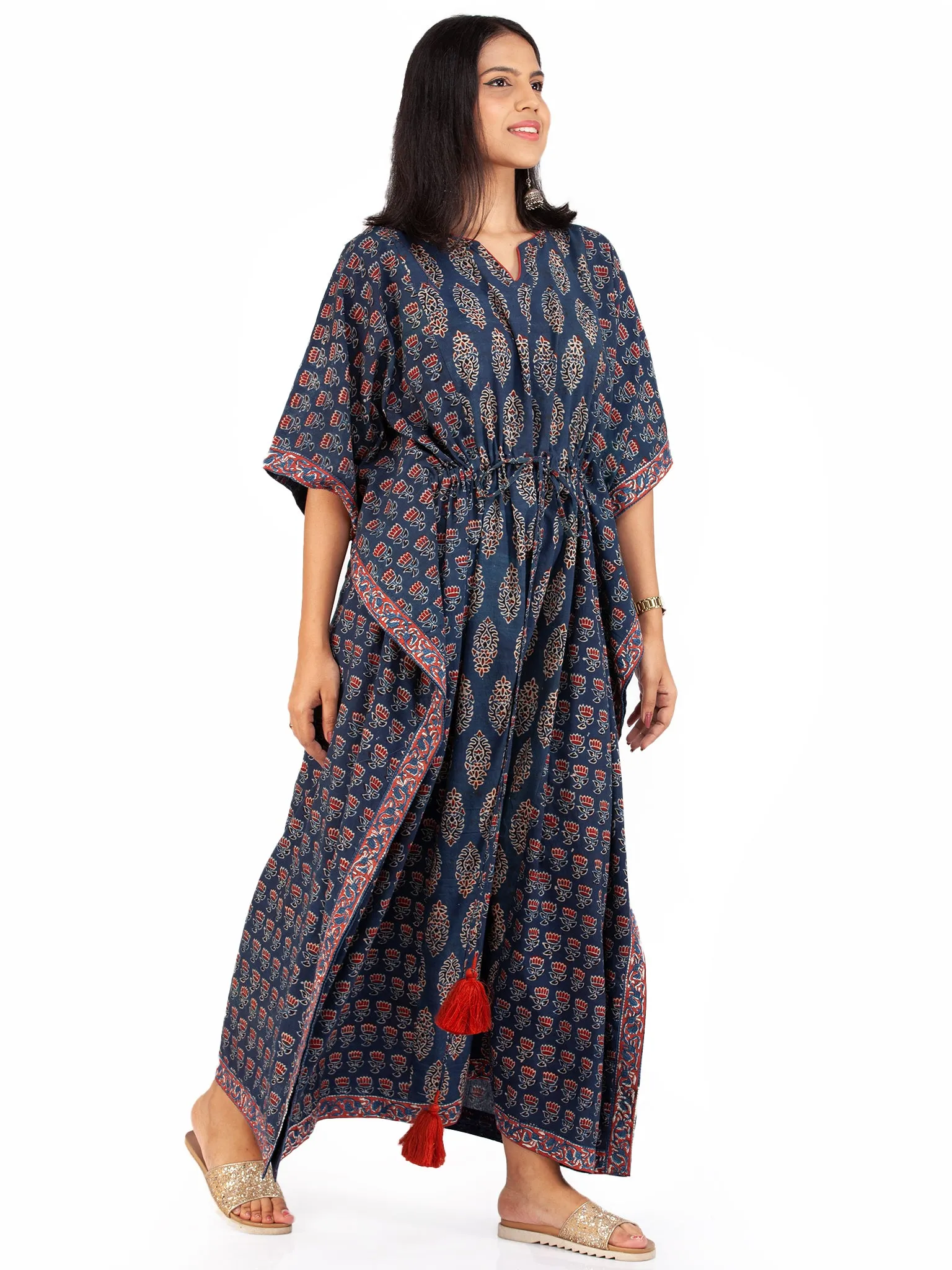 Indigo Red Black Ajrakh Hand Block Printed Kaftan - K146F1604