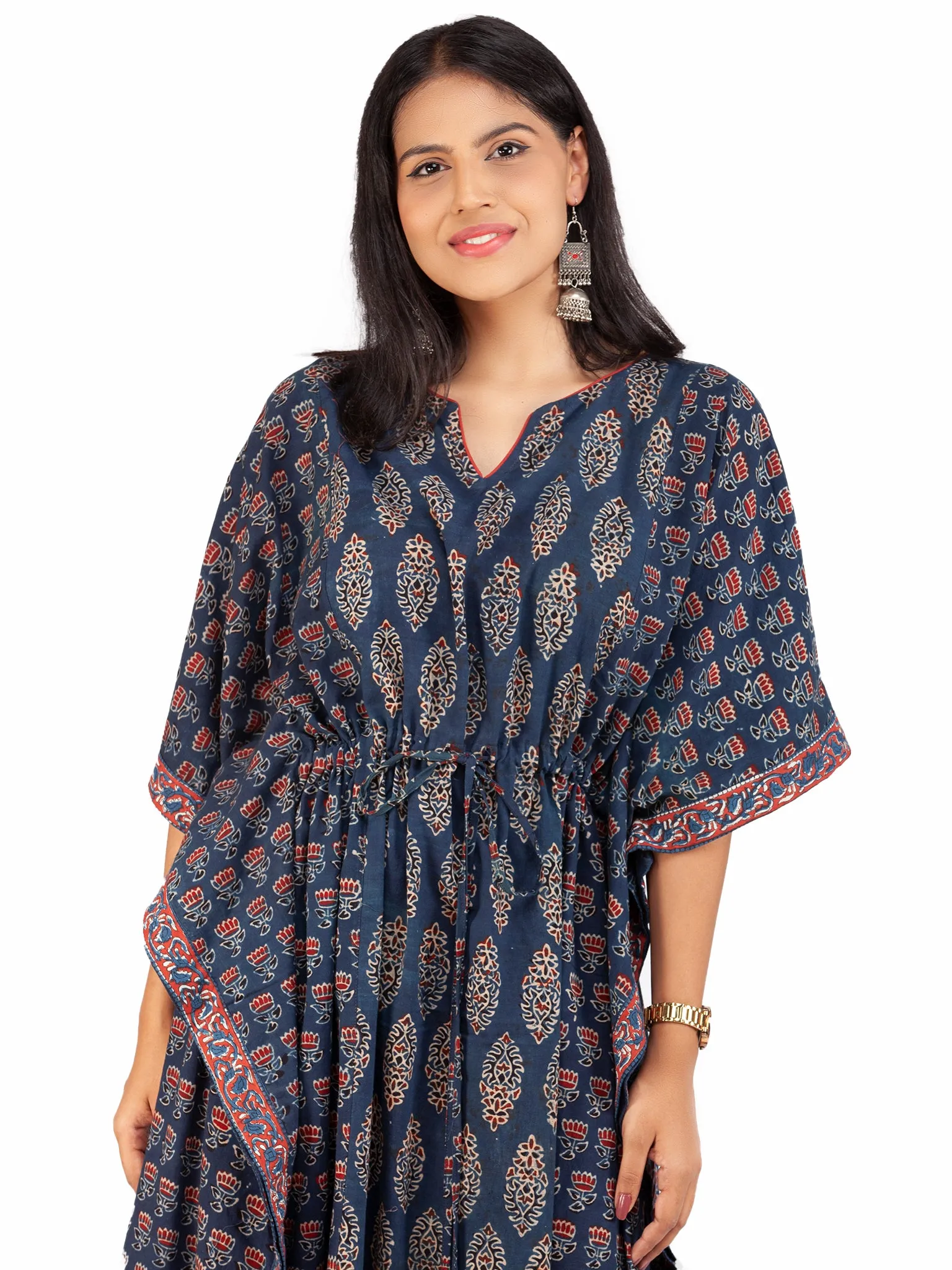 Indigo Red Black Ajrakh Hand Block Printed Kaftan - K146F1604