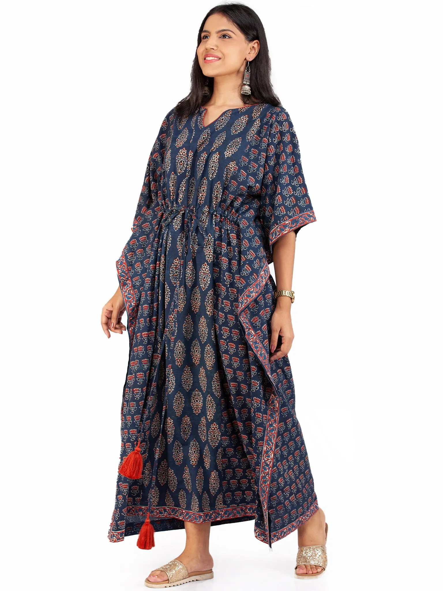 Indigo Red Black Ajrakh Hand Block Printed Kaftan - K146F1604