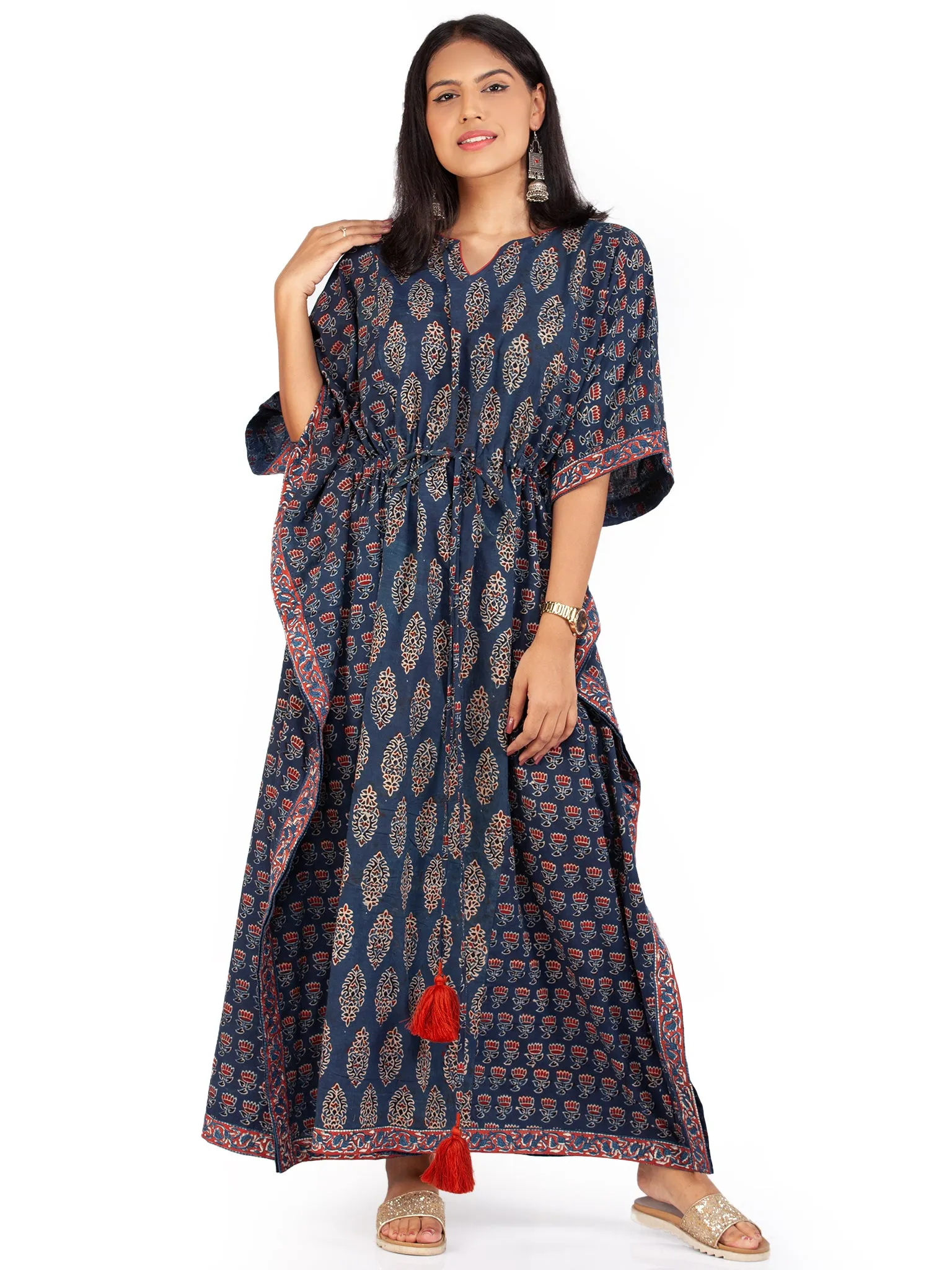 Indigo Red Black Ajrakh Hand Block Printed Kaftan - K146F1604