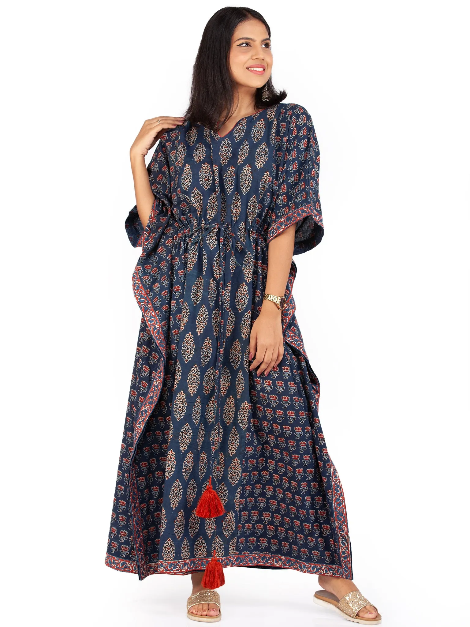 Indigo Red Black Ajrakh Hand Block Printed Kaftan - K146F1604