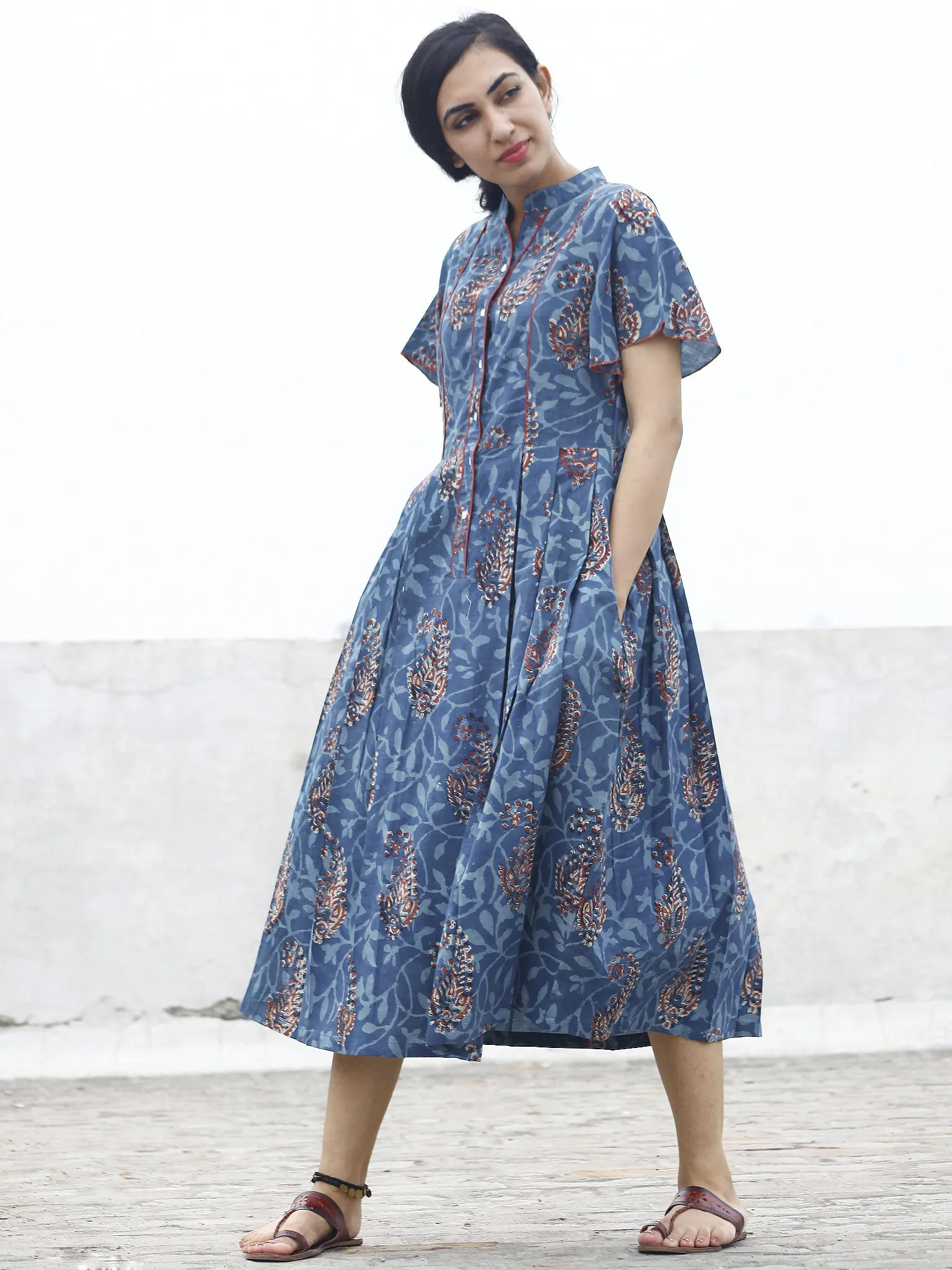 Indigo Rust Ivory Hand Block Cotton Pleated Dress With Side Pockets  - D74F769