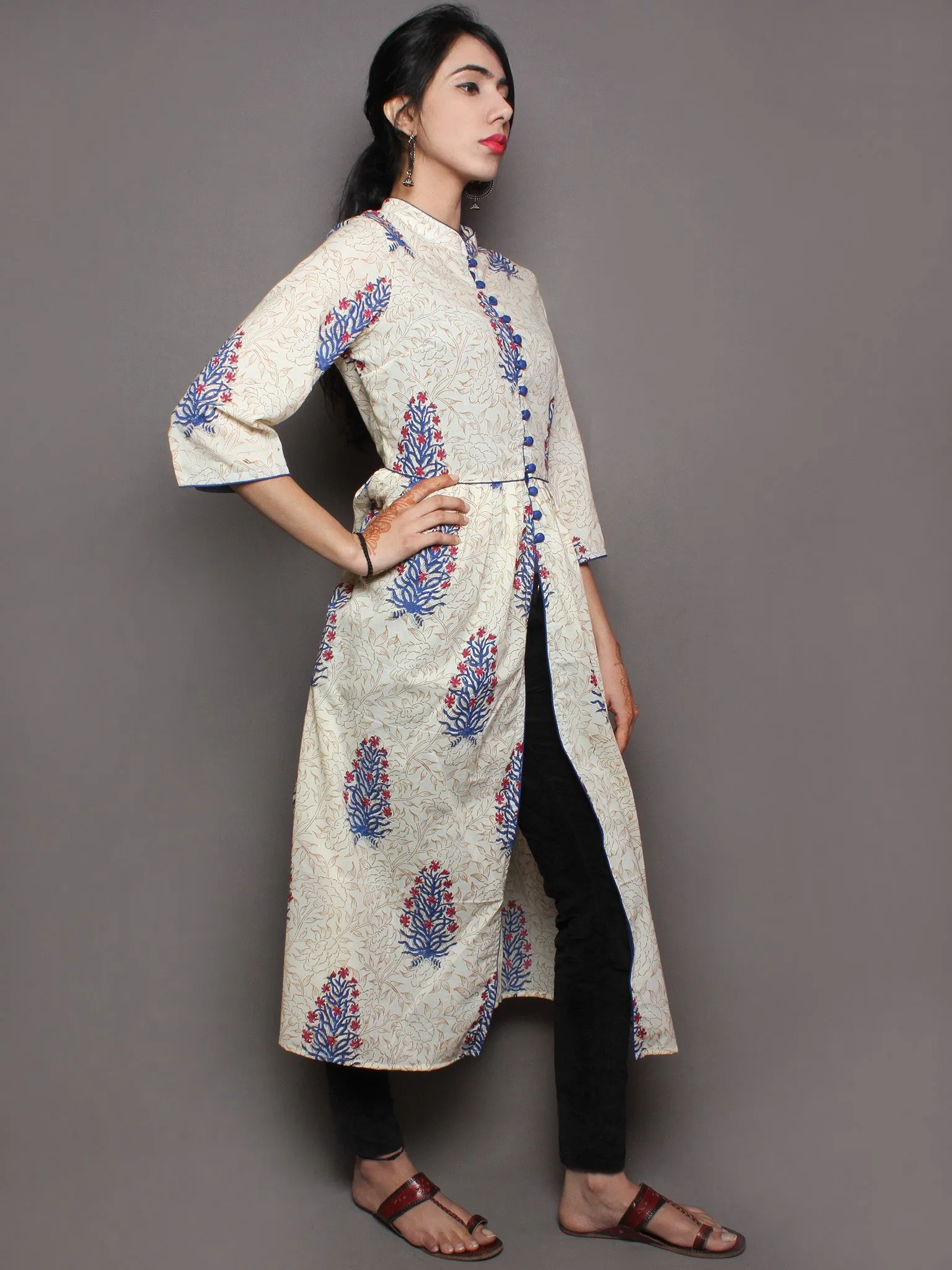 Ivory Beige Indigo Red Hand Block Printed Long Cotton Dress With Front Slit - D1640701