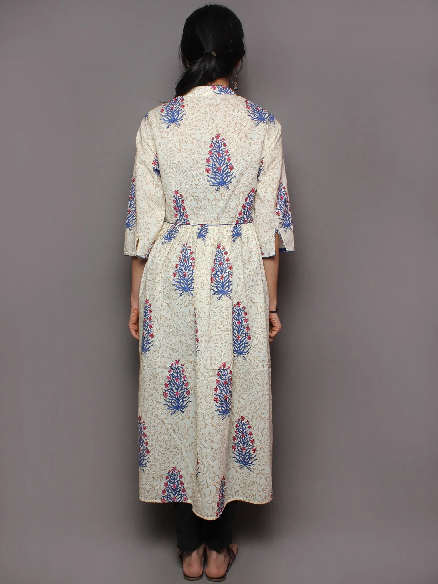 Ivory Beige Indigo Red Hand Block Printed Long Cotton Dress With Front Slit - D1640701