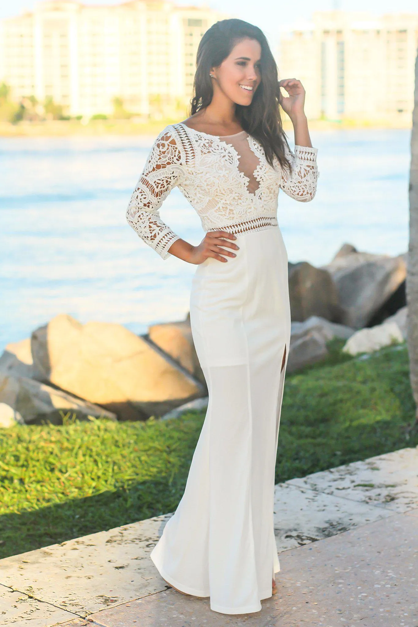 Ivory Crochet Top Maxi Dress with 3/4 Sleeves and Side Slit