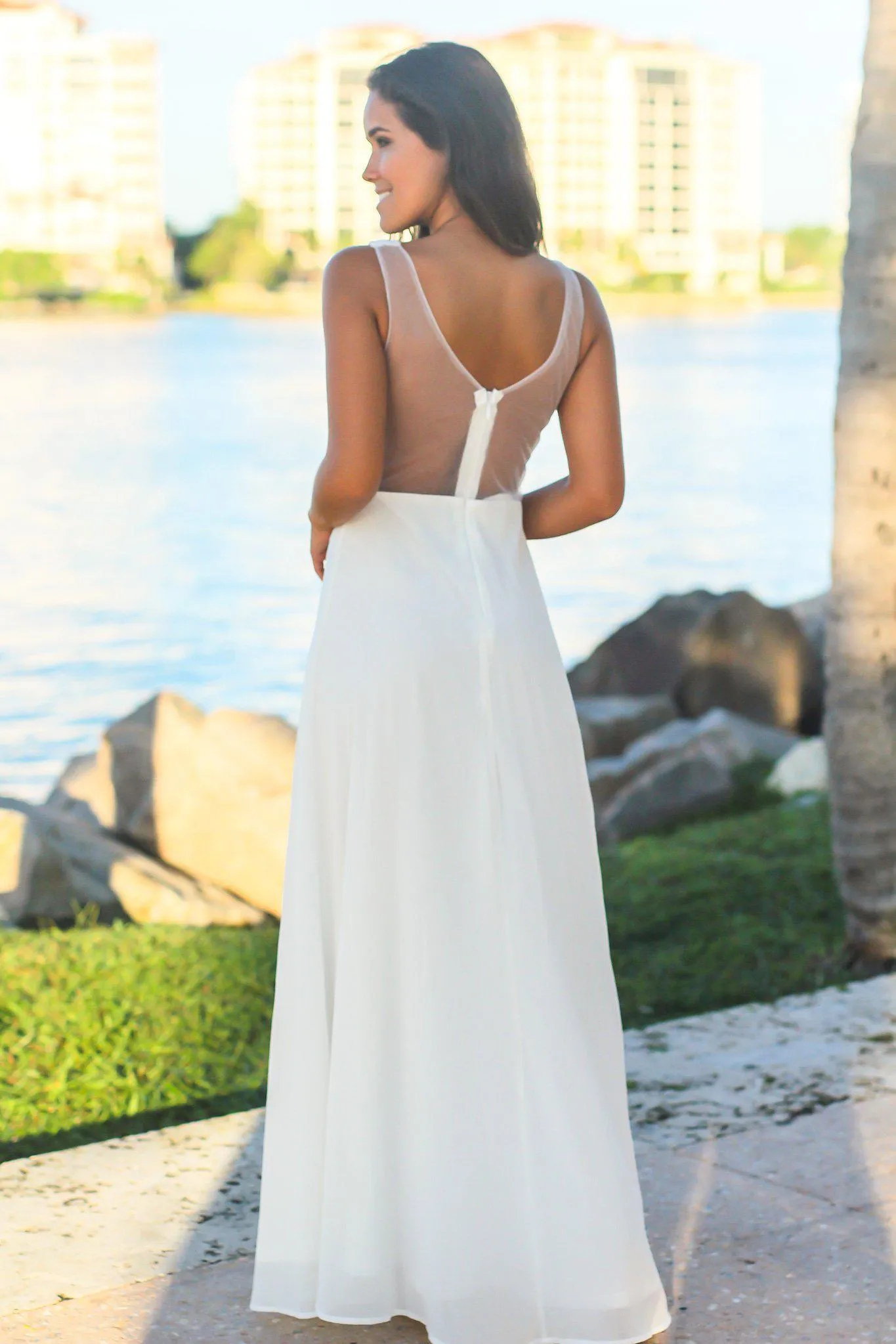 Ivory Maxi Dress with Mesh and Embroidered Detail