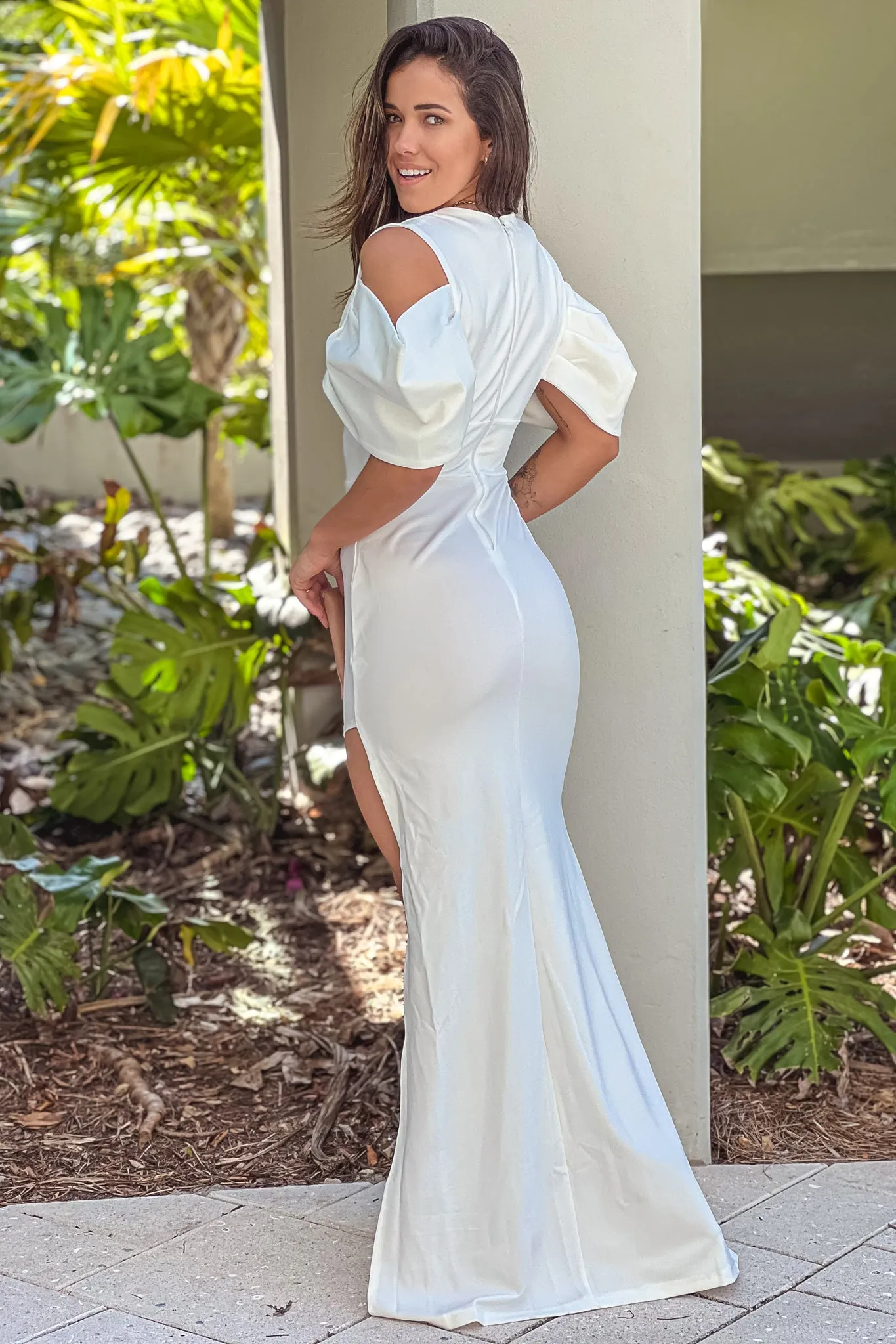 Ivory Open Shoulder Maxi Dress With Slit