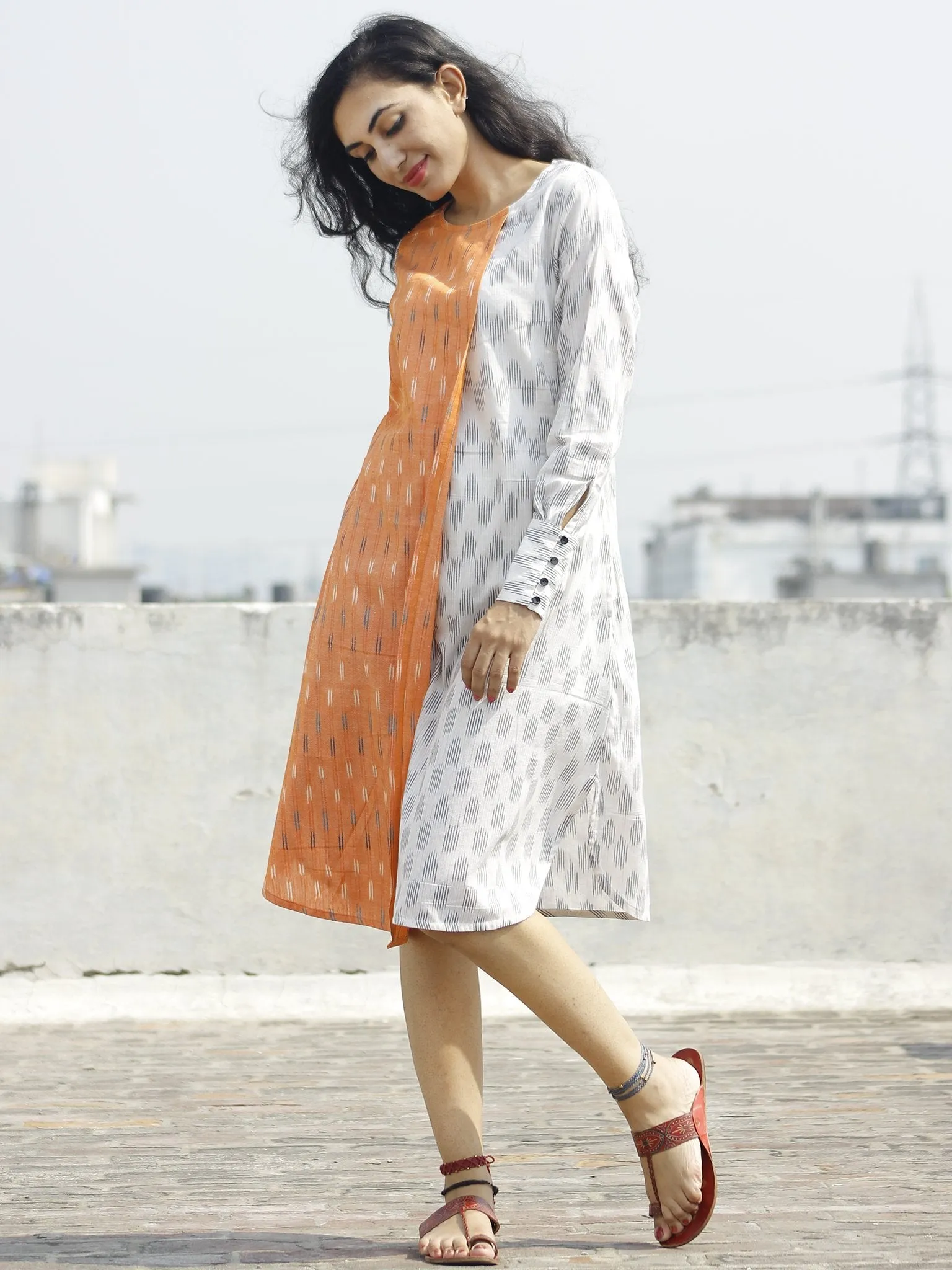 Ivory Peach black Ikat Dress With  Side Pockets  & Extra Long Cuff-  D115F820